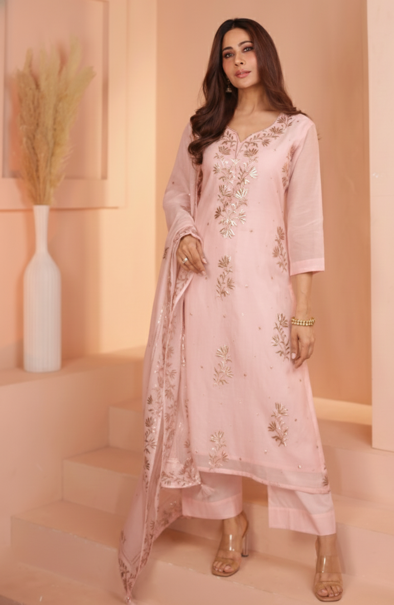 BABY PINK PURE MUL CHANDERI KURTA SET