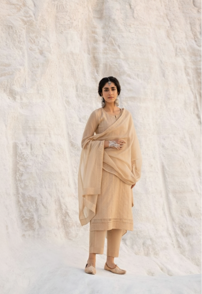 BEIGE  CHIKANKARI MUL CHANDERI KURTA SET