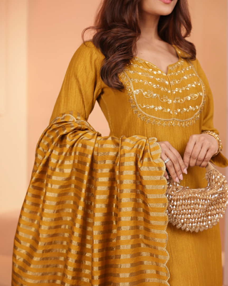 MUSTARD CRUSHED TISSUE KURTA SET