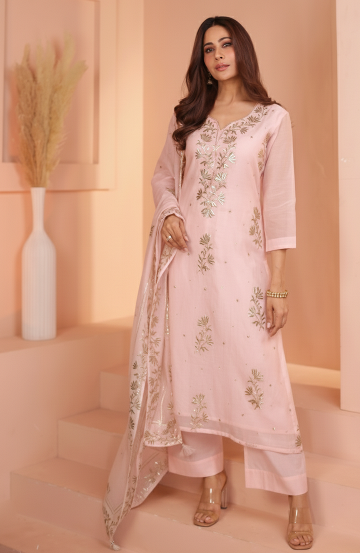 BABY PINK PURE MUL CHANDERI KURTA SET