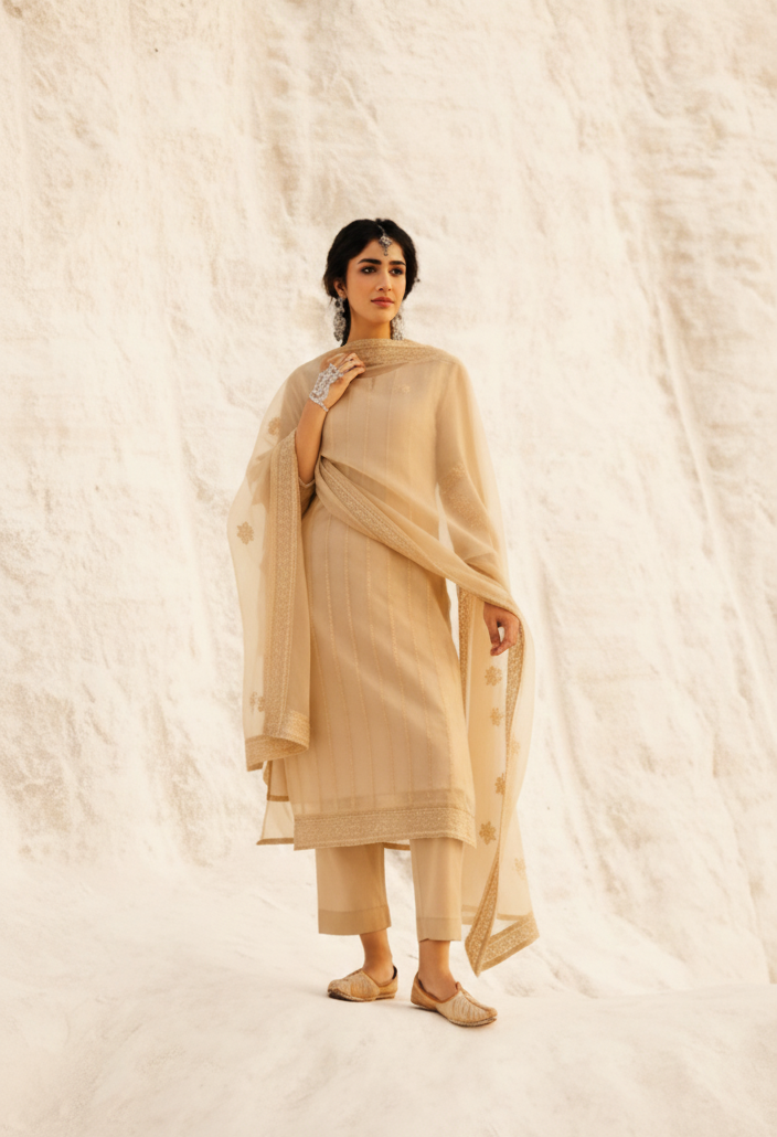 BEIGE  CHIKANKARI MUL CHANDERI KURTA SET