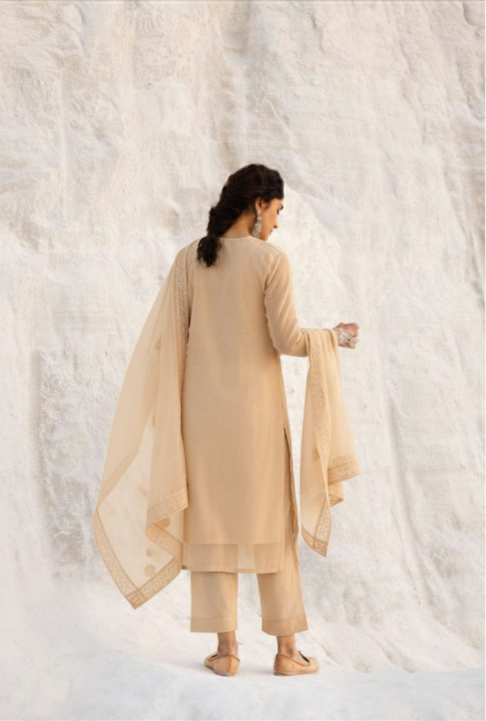 BEIGE  CHIKANKARI MUL CHANDERI KURTA SET