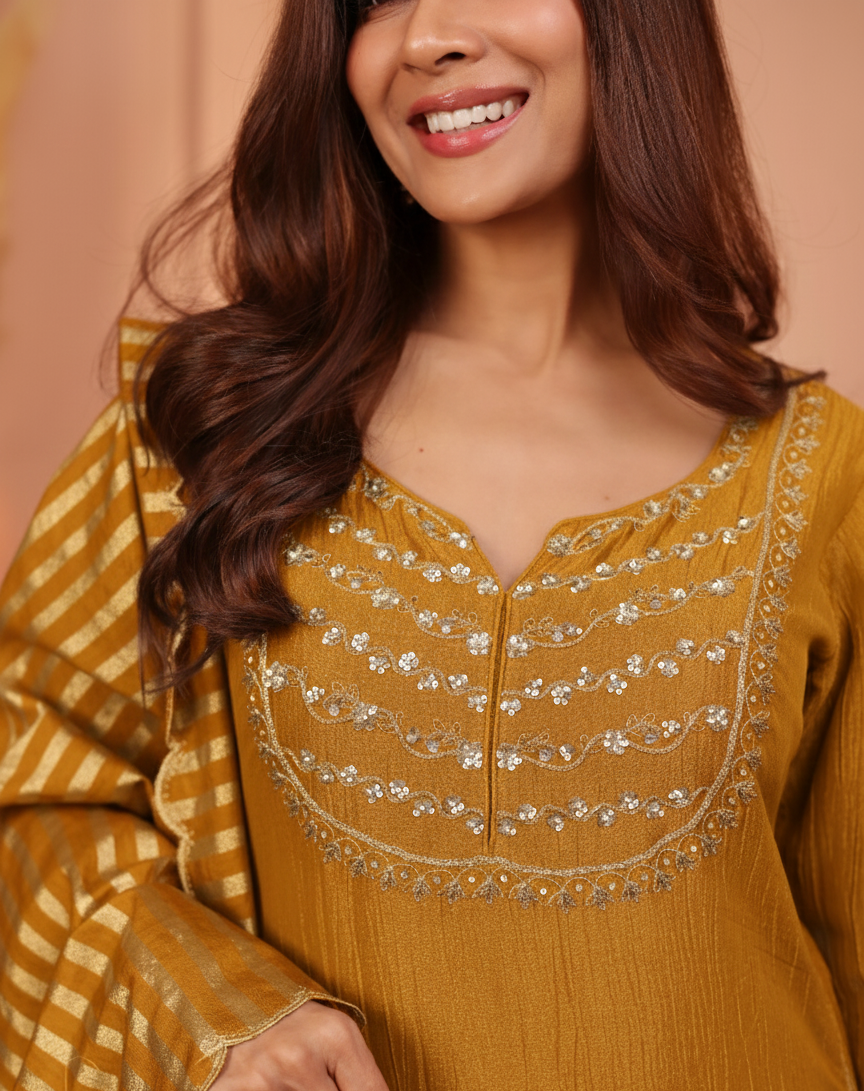 MUSTARD CRUSHED TISSUE KURTA SET