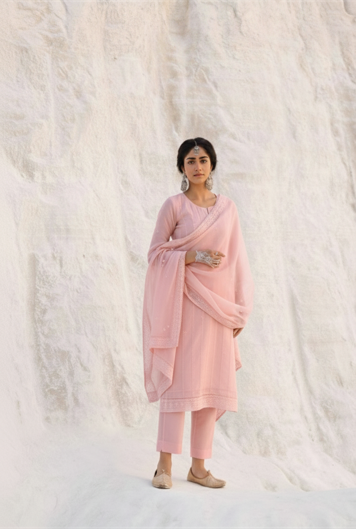 ROSE PINK  CHIKANKARI MUL CHANDERI KURTA SET