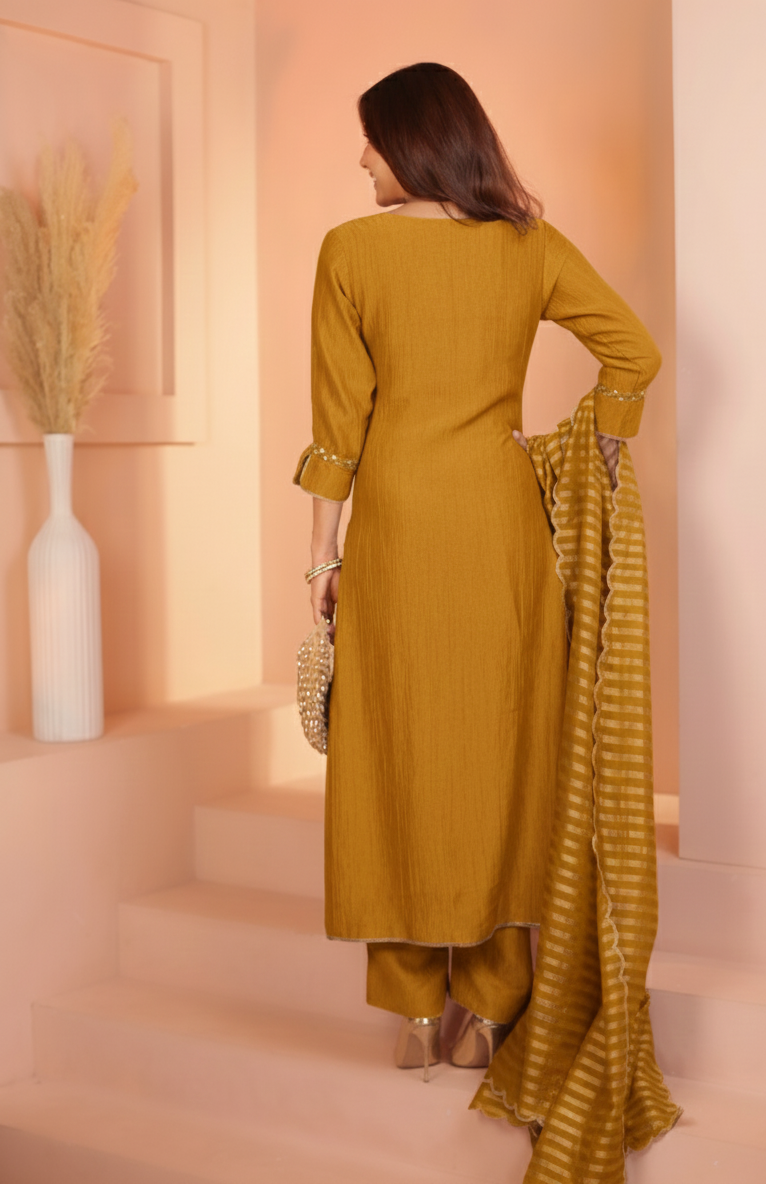 MUSTARD CRUSHED TISSUE KURTA SET