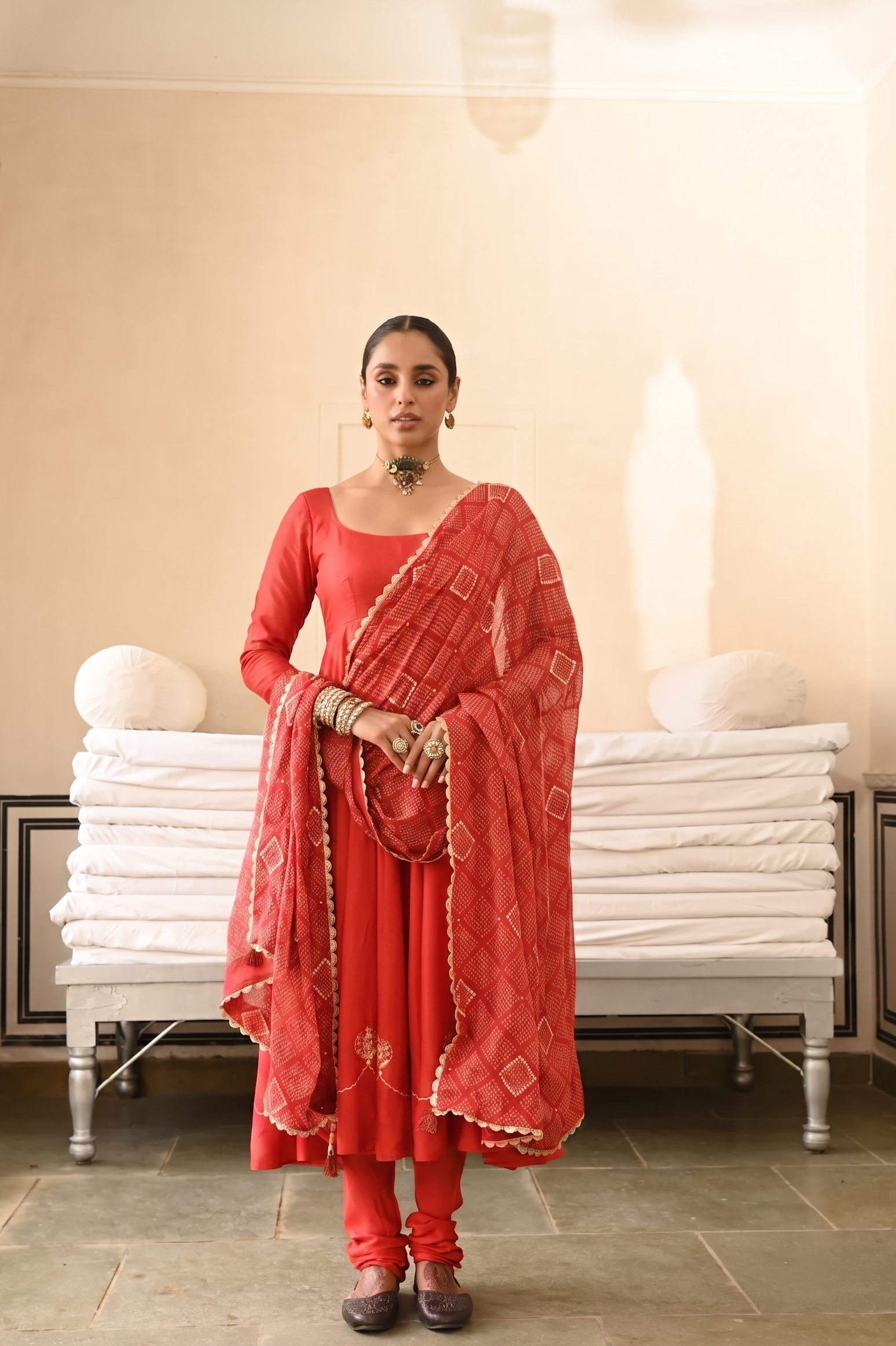 Red Pure Dola Silk Kurta Set