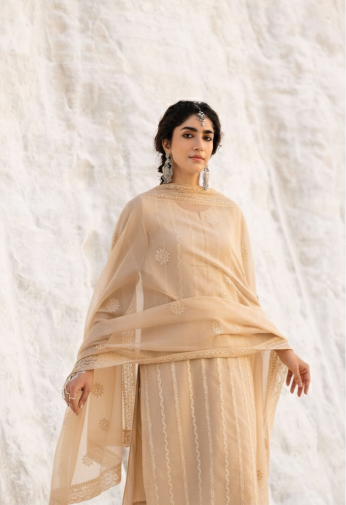 BEIGE  CHIKANKARI MUL CHANDERI KURTA SET