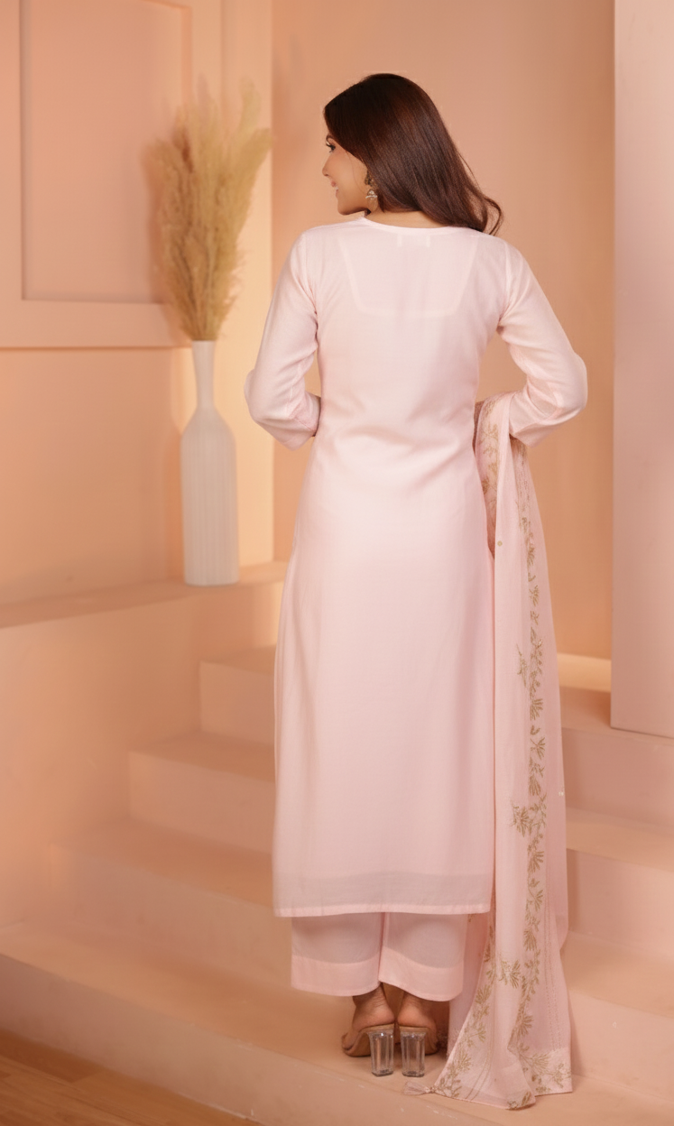BABY PINK PURE MUL CHANDERI KURTA SET