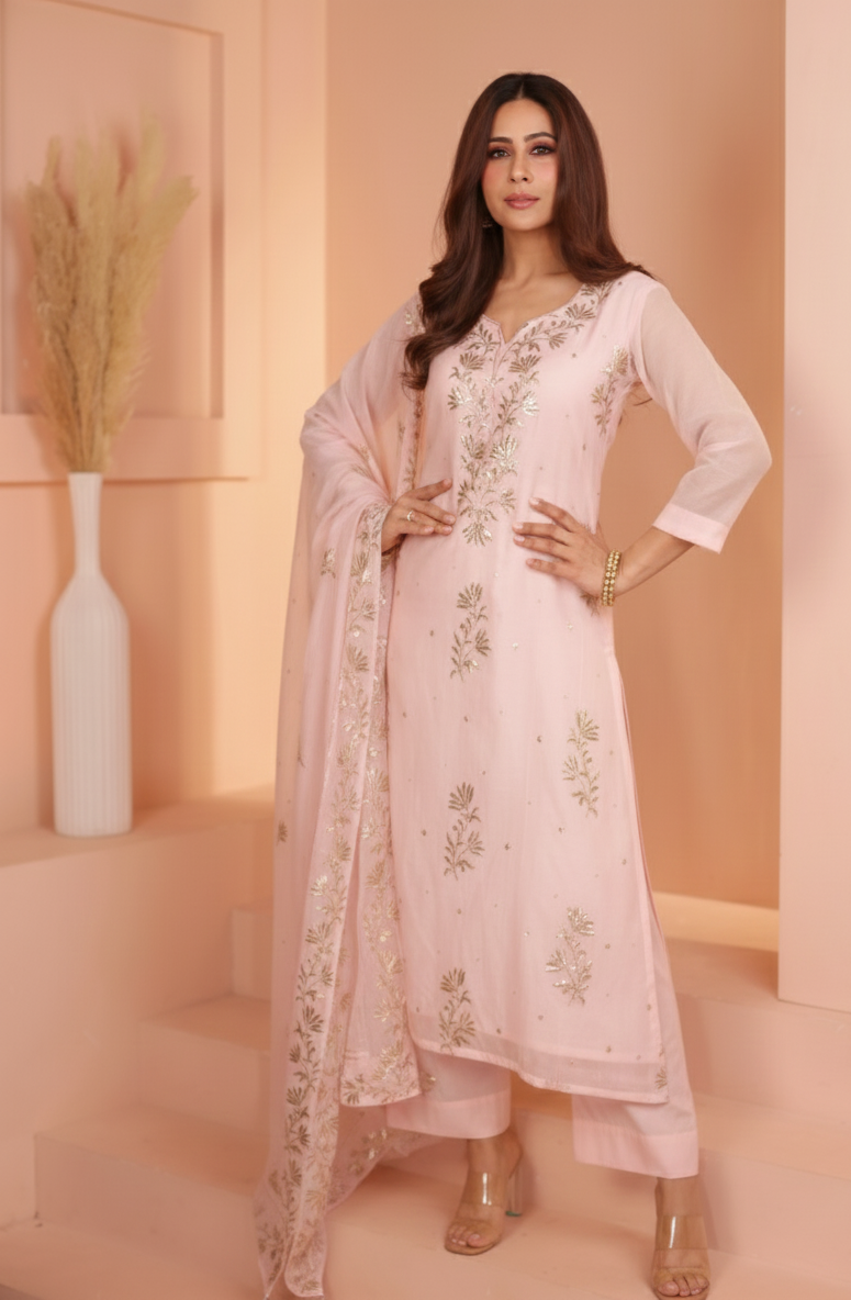 BABY PINK PURE MUL CHANDERI KURTA SET
