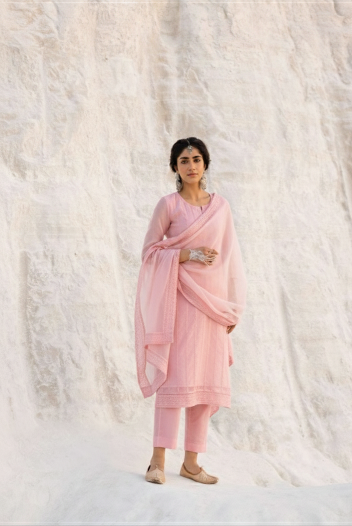 ROSE PINK  CHIKANKARI MUL CHANDERI KURTA SET