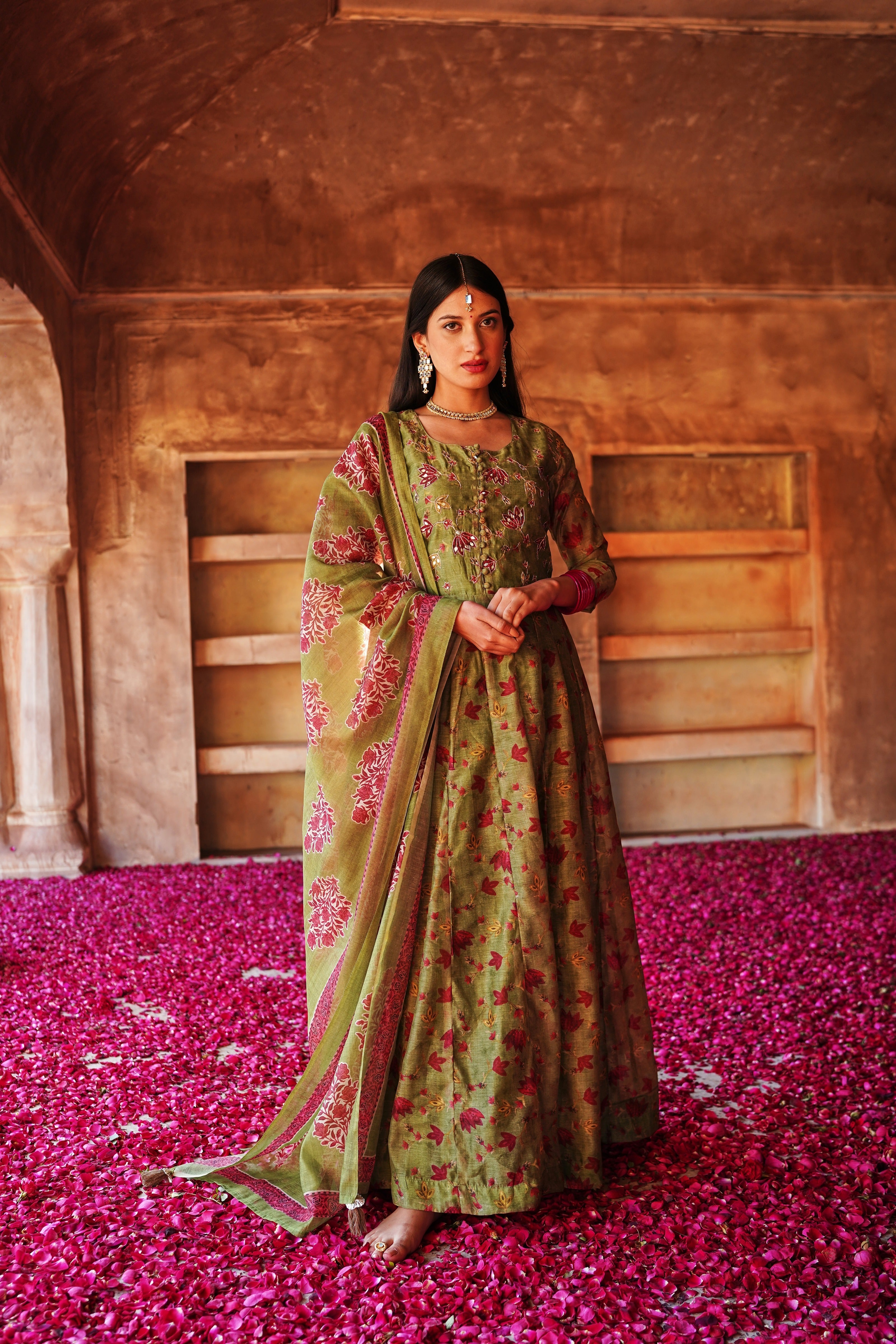 GUL MEHENDI GREEN ANARKALI CHANDERI DRESS