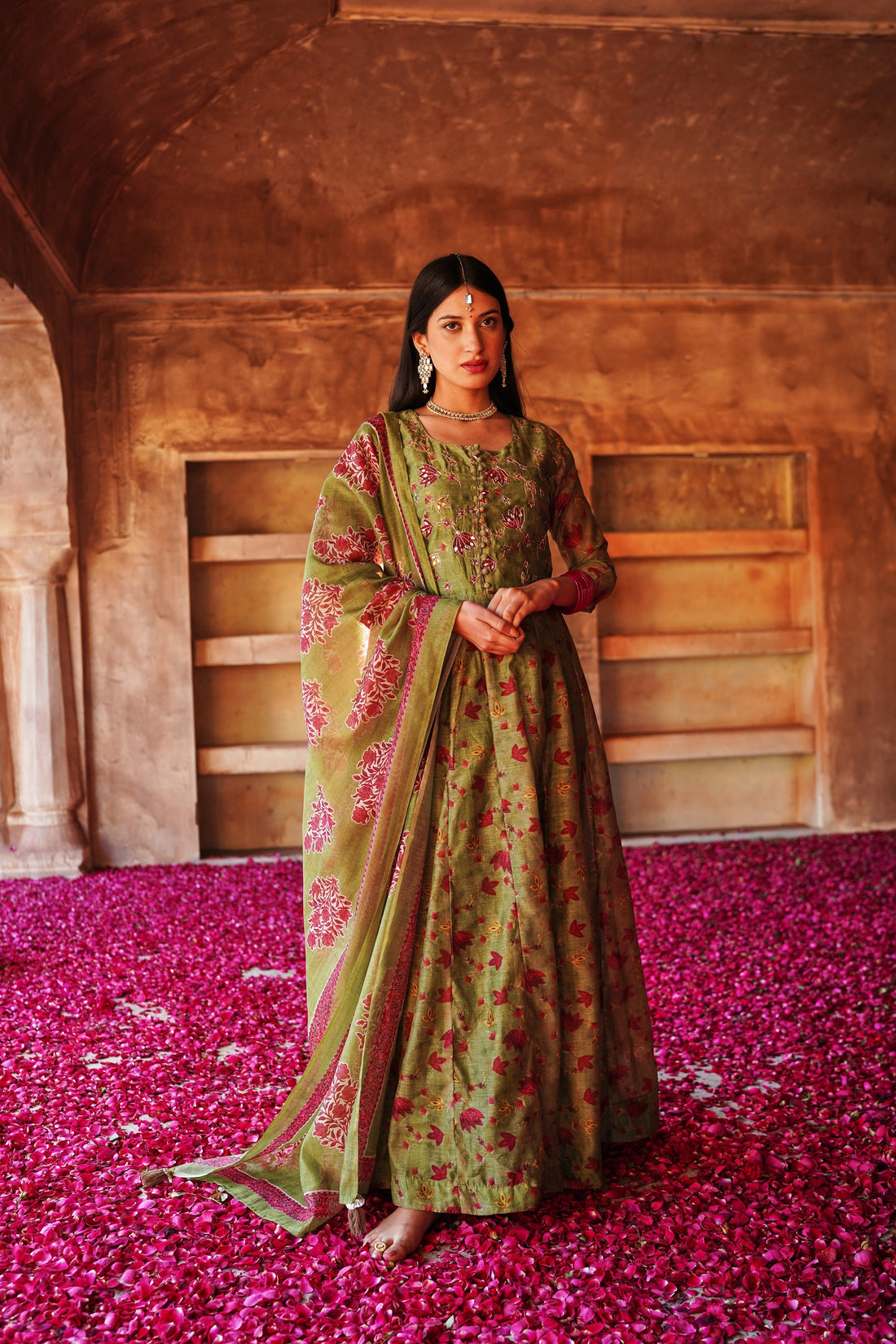 GUL MEHENDI GREEN ANARKALI CHANDERI DRESS