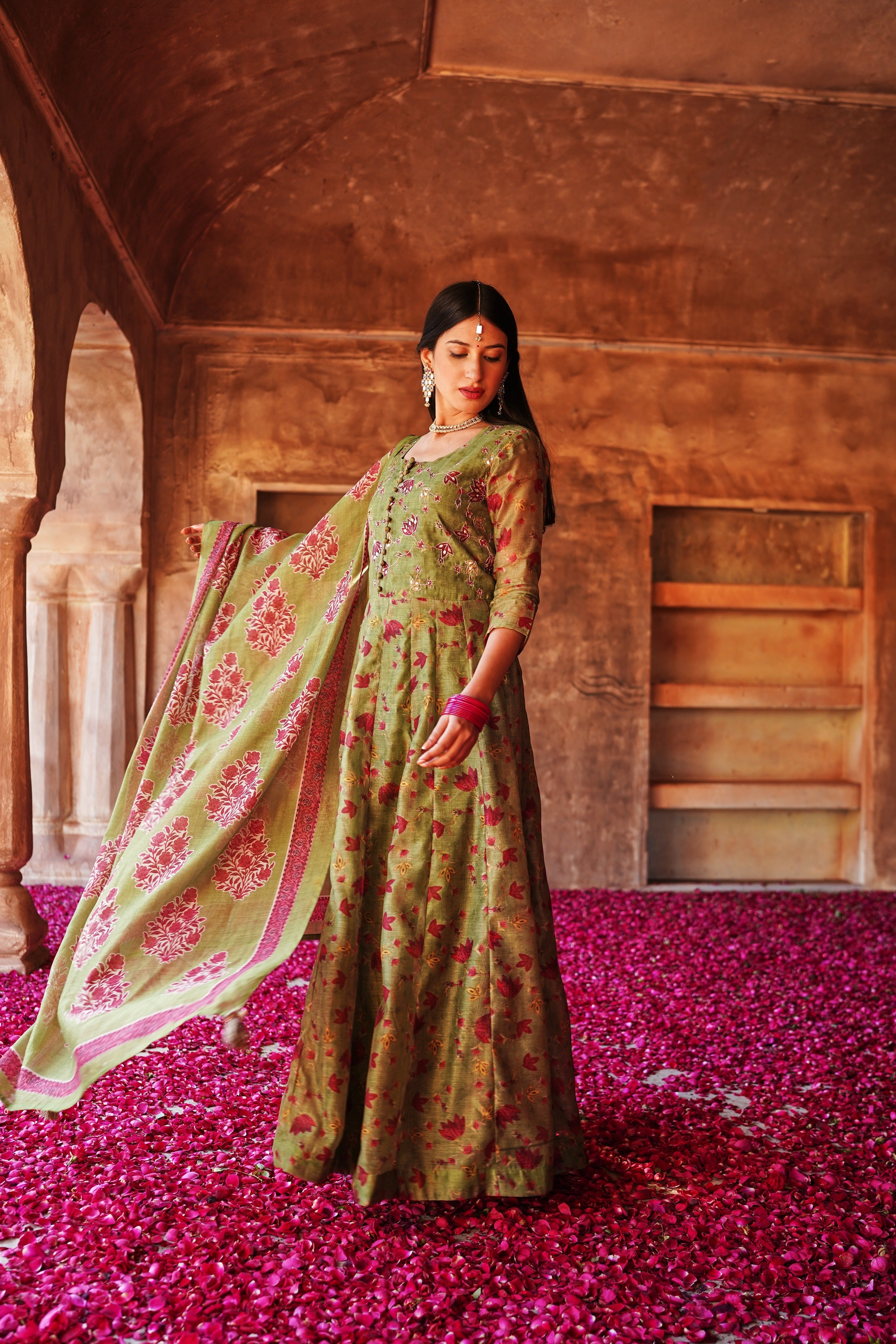 GUL MEHENDI GREEN ANARKALI CHANDERI DRESS