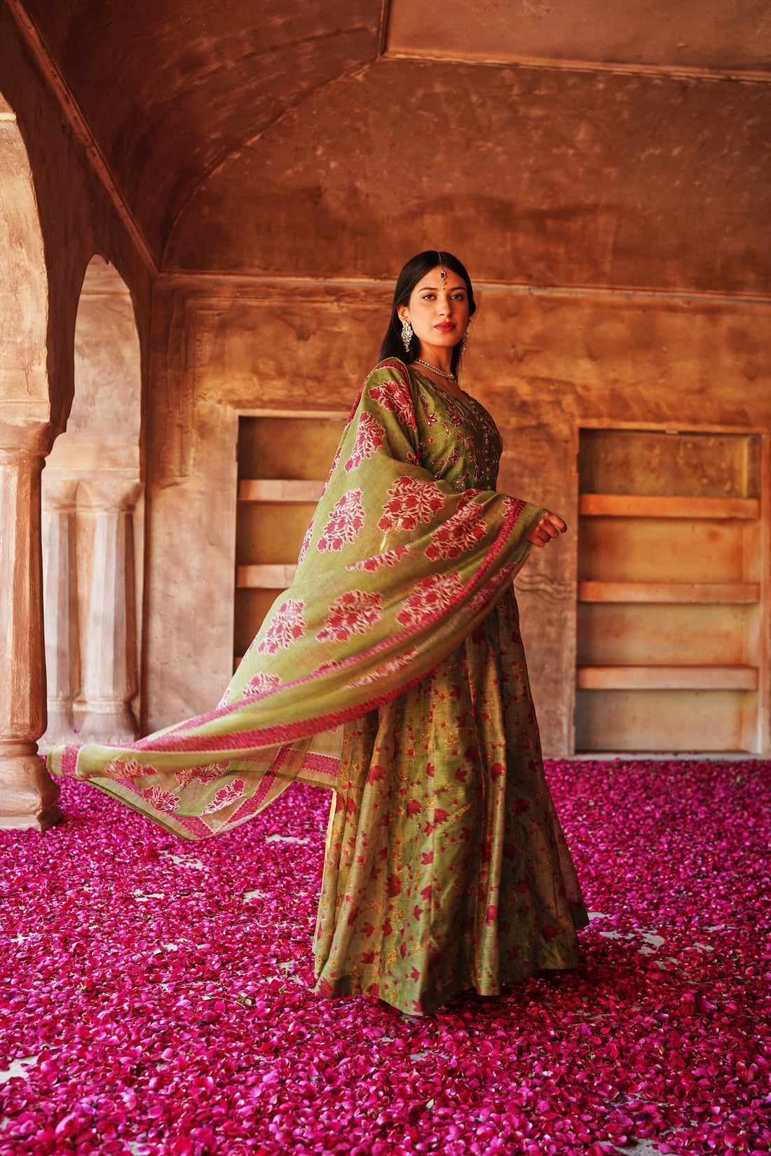 GUL MEHENDI GREEN ANARKALI CHANDERI DRESS