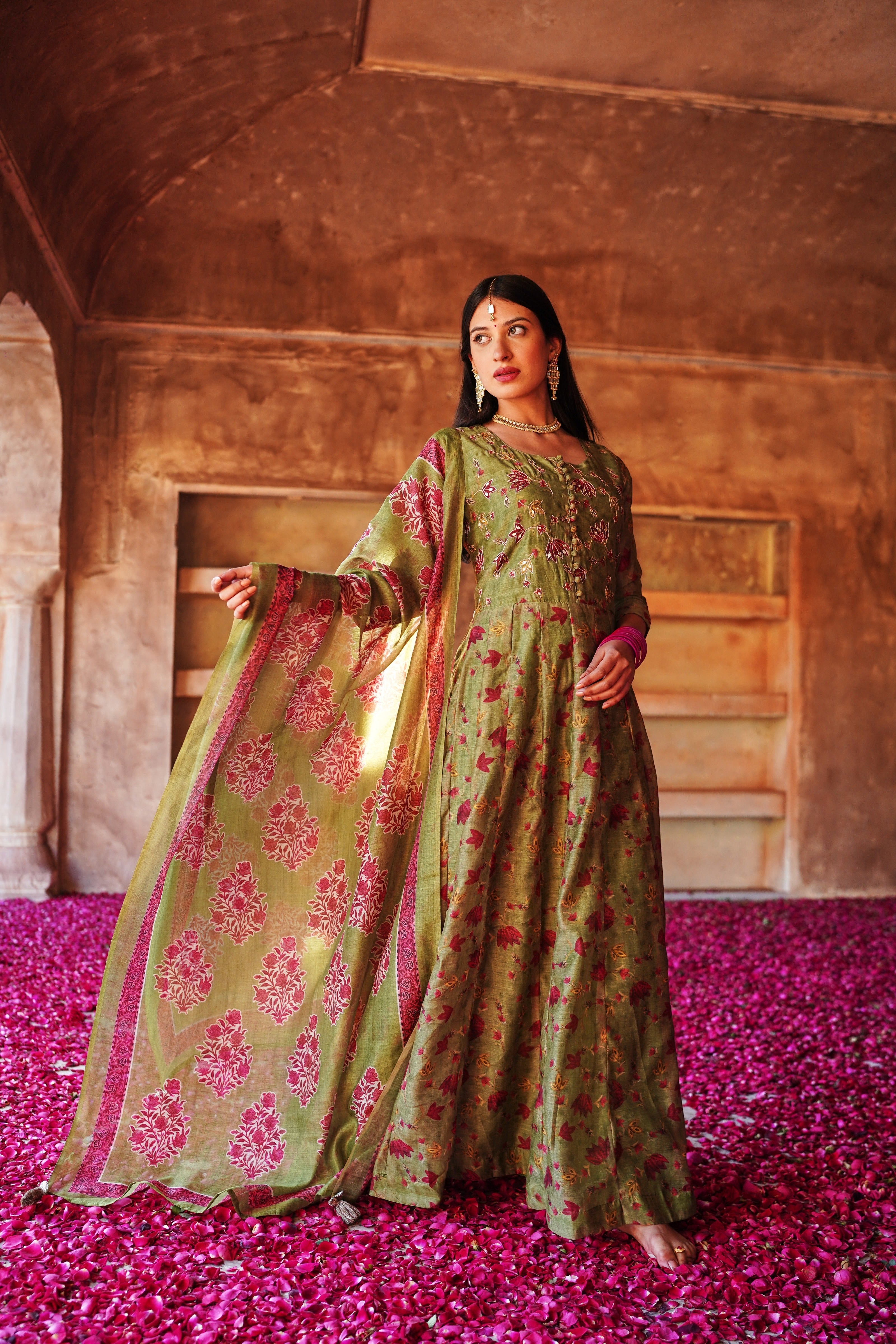 GUL MEHENDI GREEN ANARKALI CHANDERI DRESS