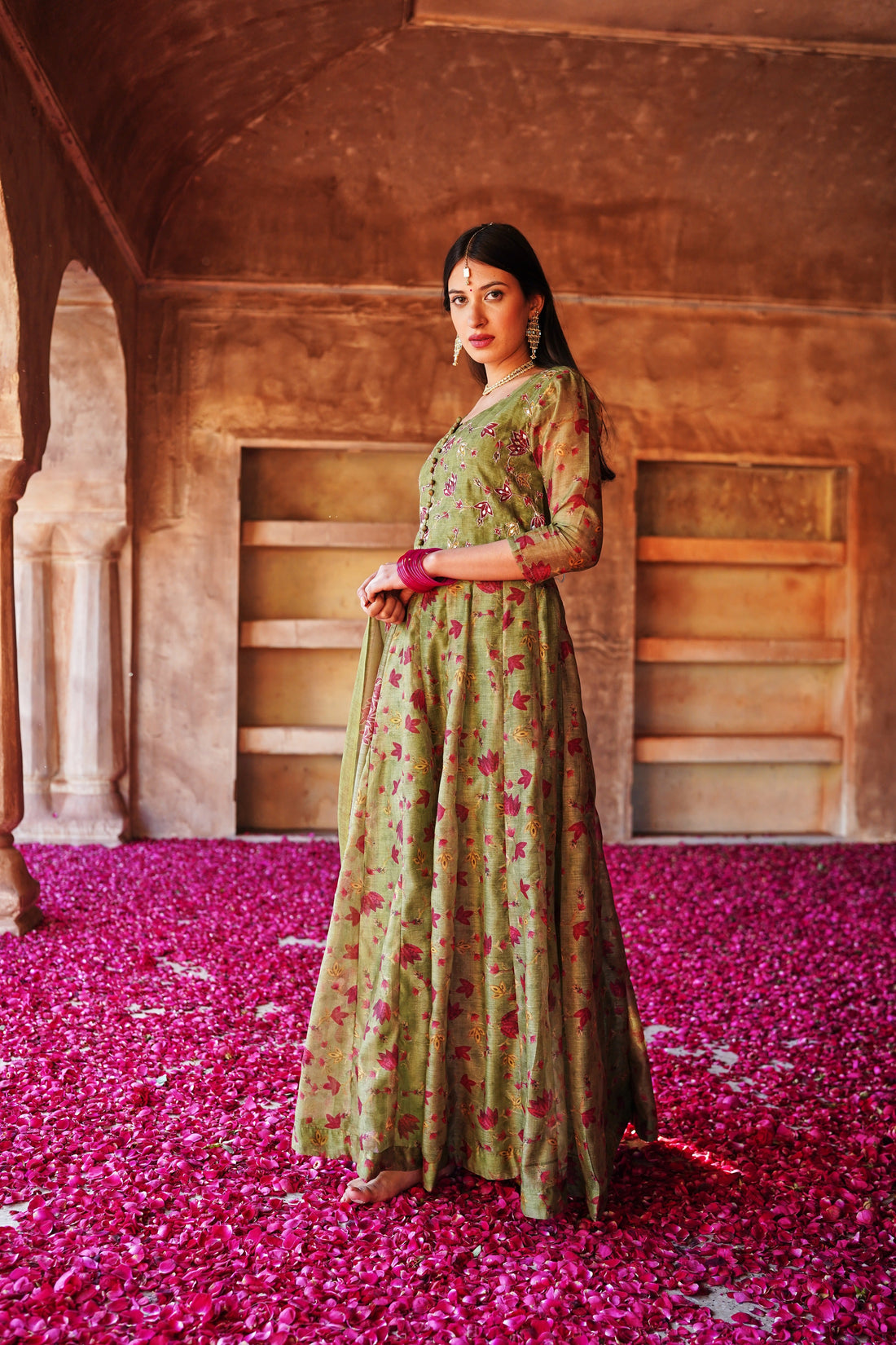 GUL MEHENDI GREEN ANARKALI CHANDERI DRESS