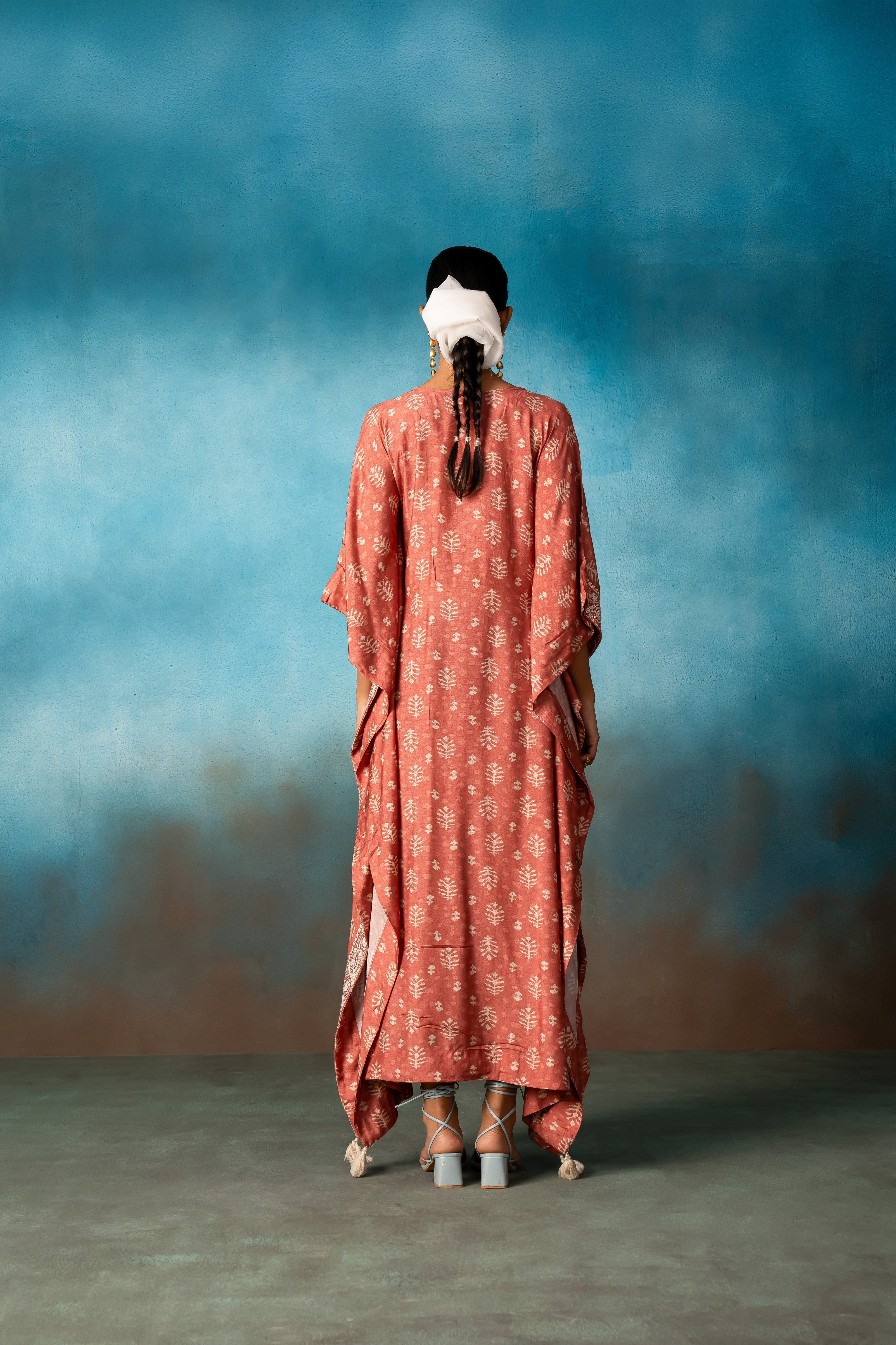 BRICK RED PRINTED LONG KAFTAN