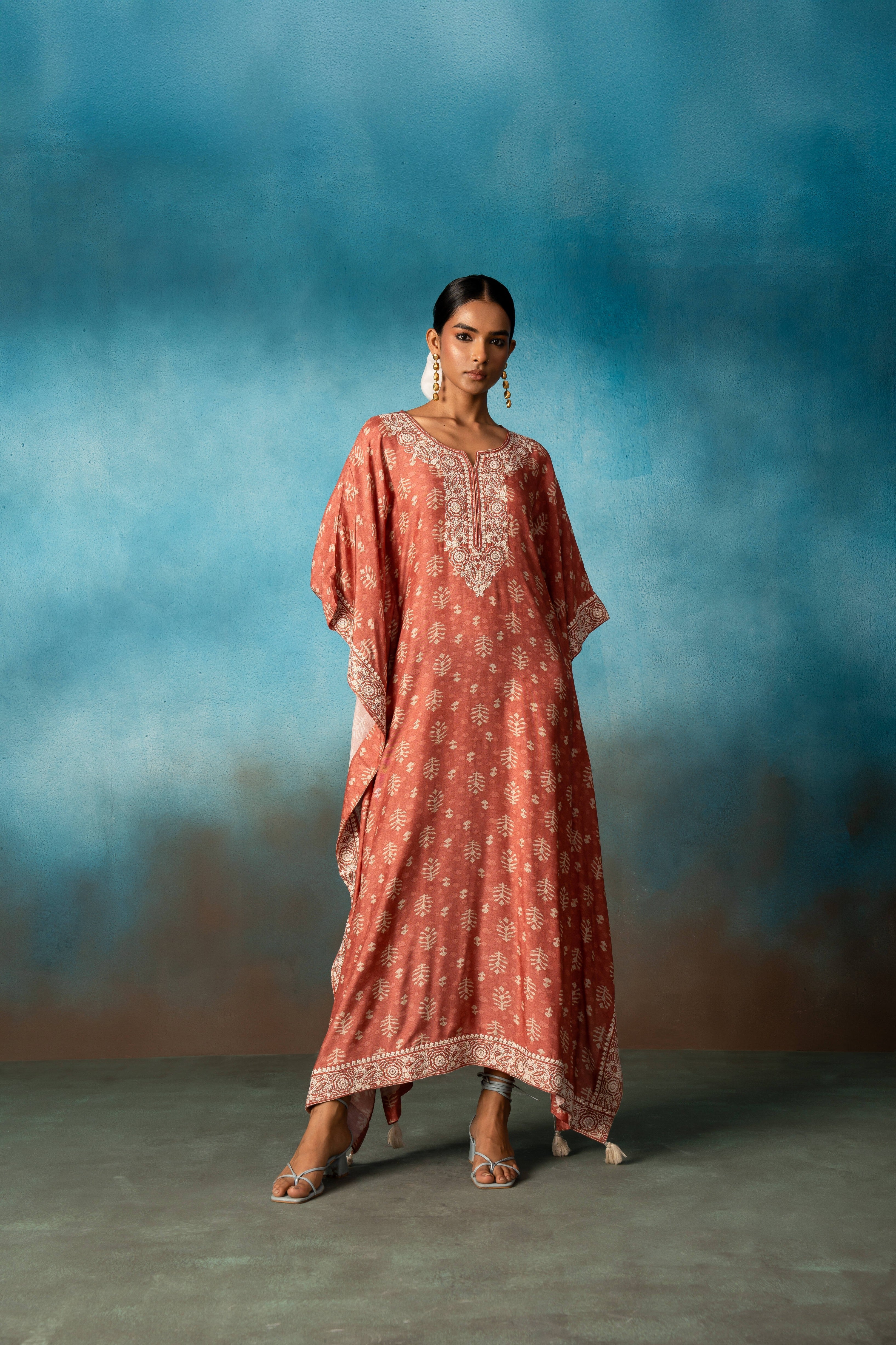 BRICK RED PRINTED LONG KAFTAN