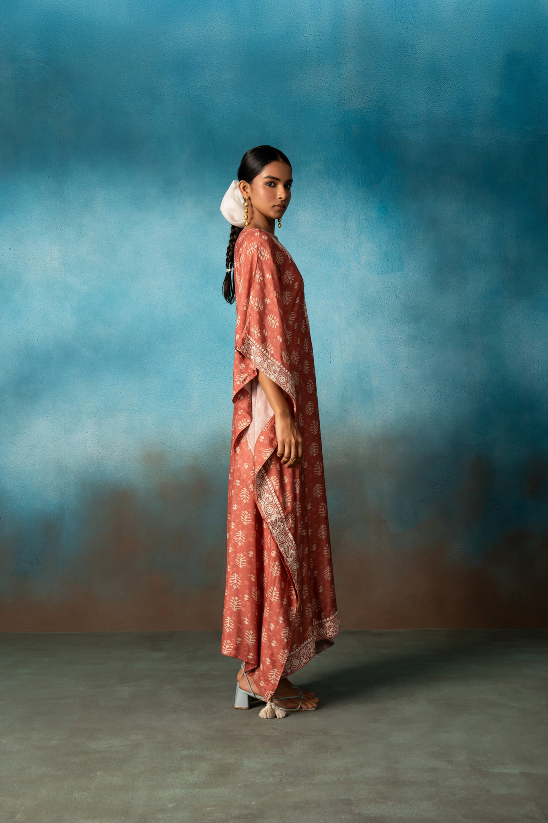 BRICK RED PRINTED LONG KAFTAN