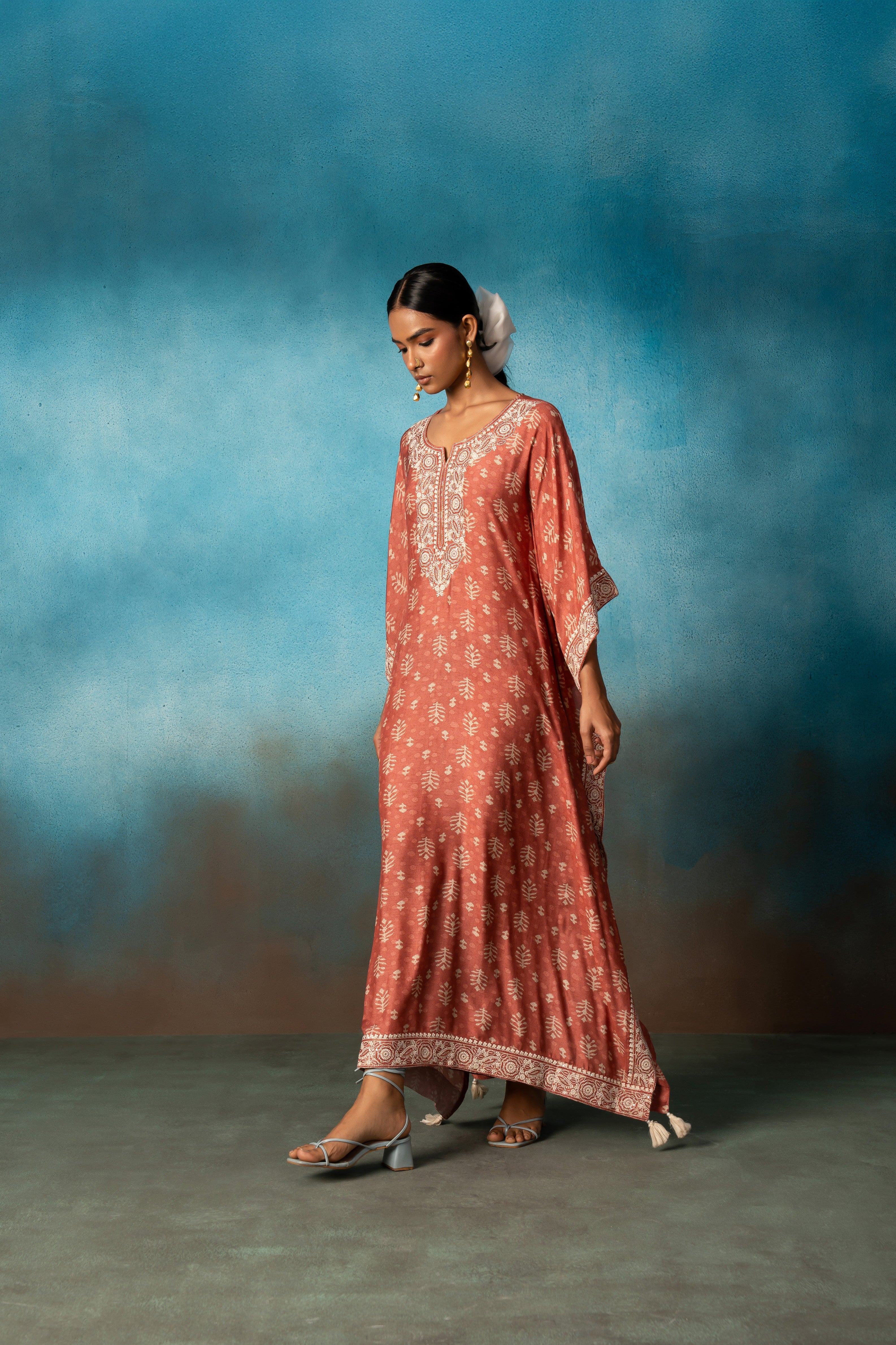 BRICK RED PRINTED LONG KAFTAN