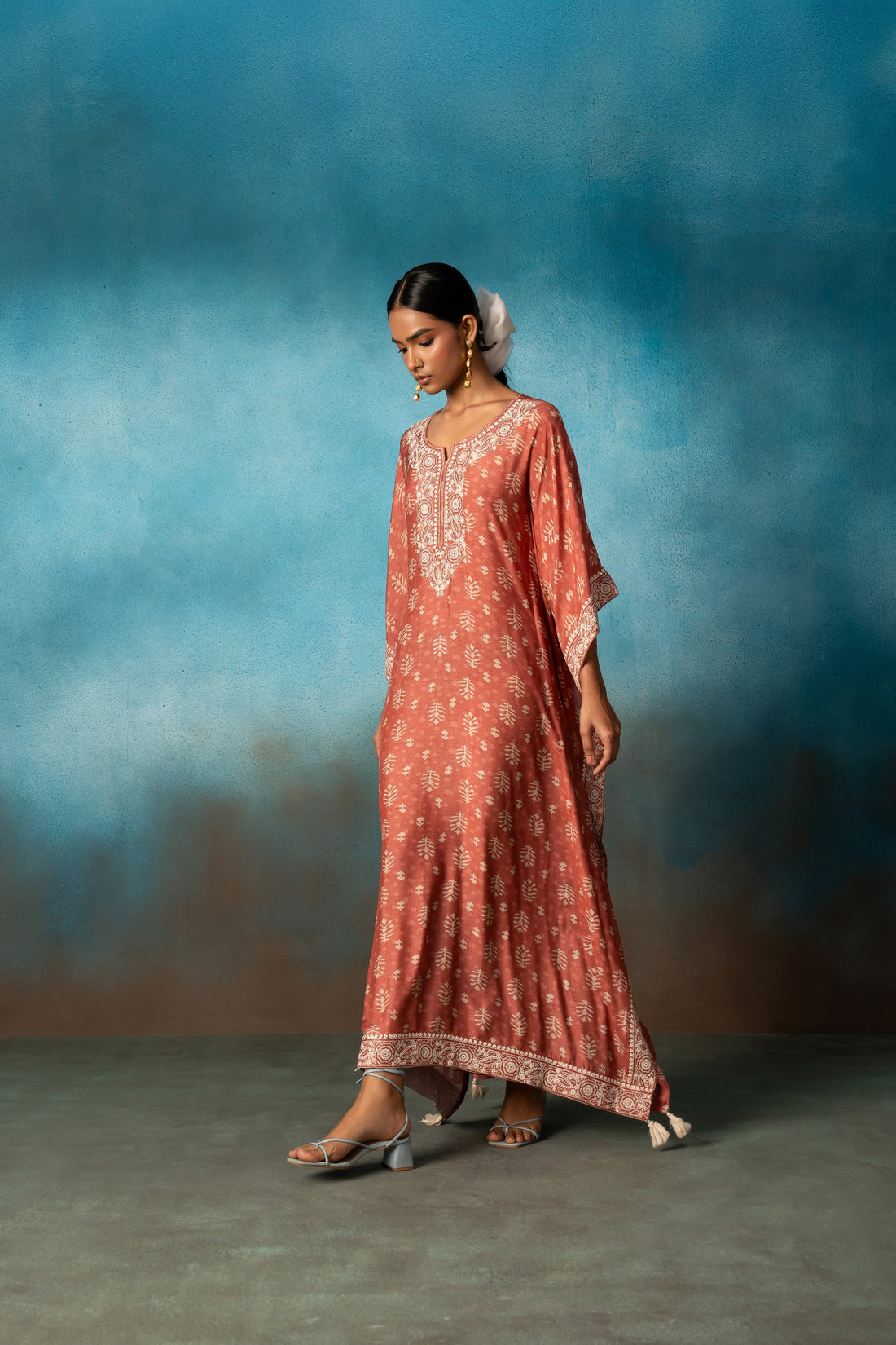 BRICK RED PRINTED LONG KAFTAN