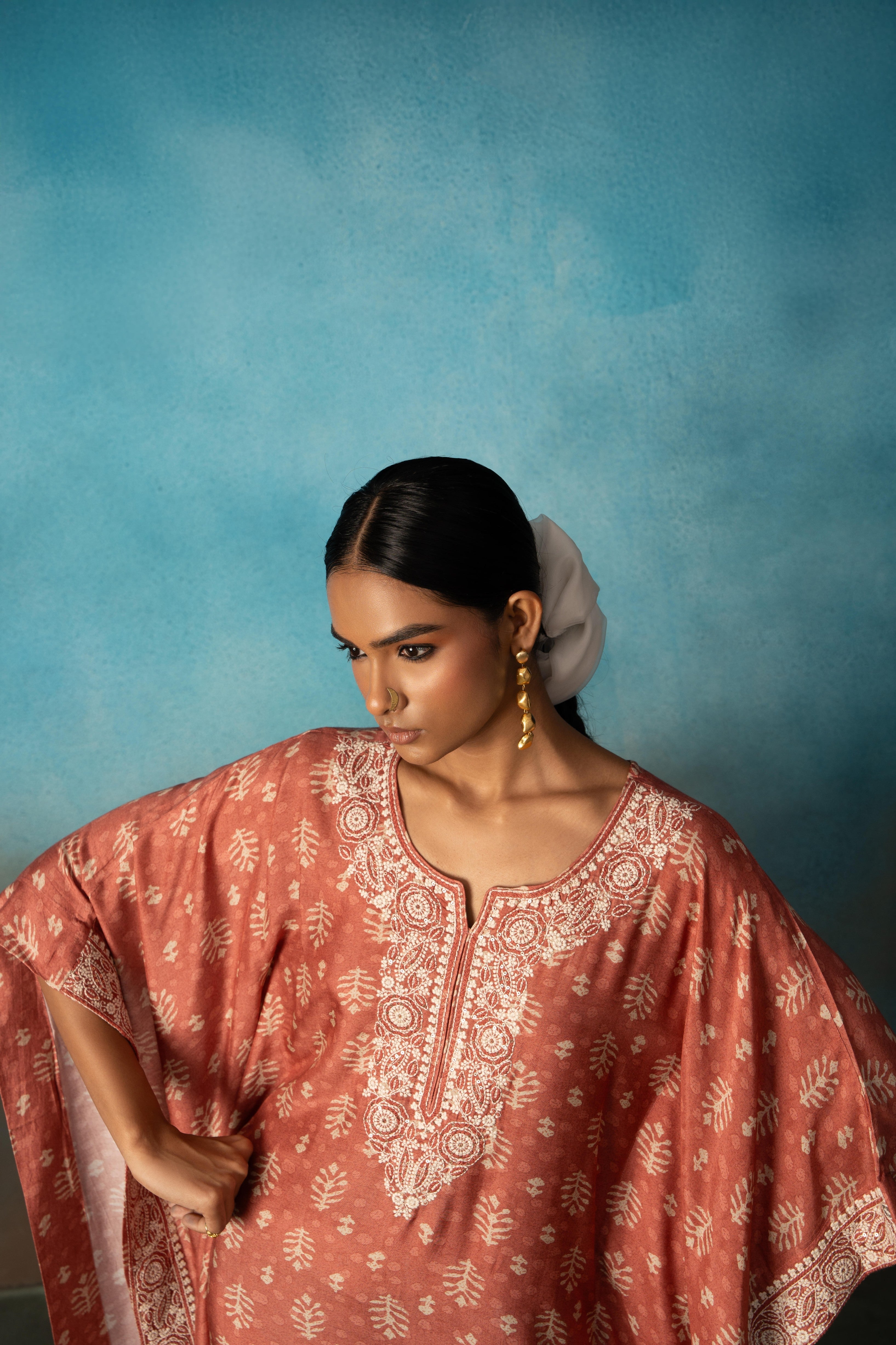 BRICK RED PRINTED LONG KAFTAN