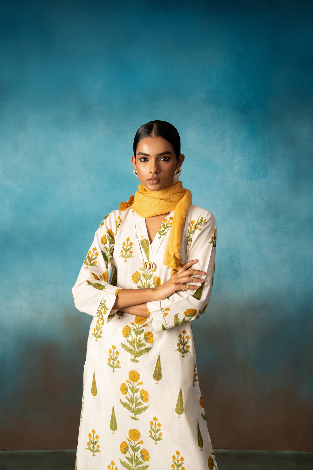 MUSTARD BLOCK PRINT SET WITH STOLE