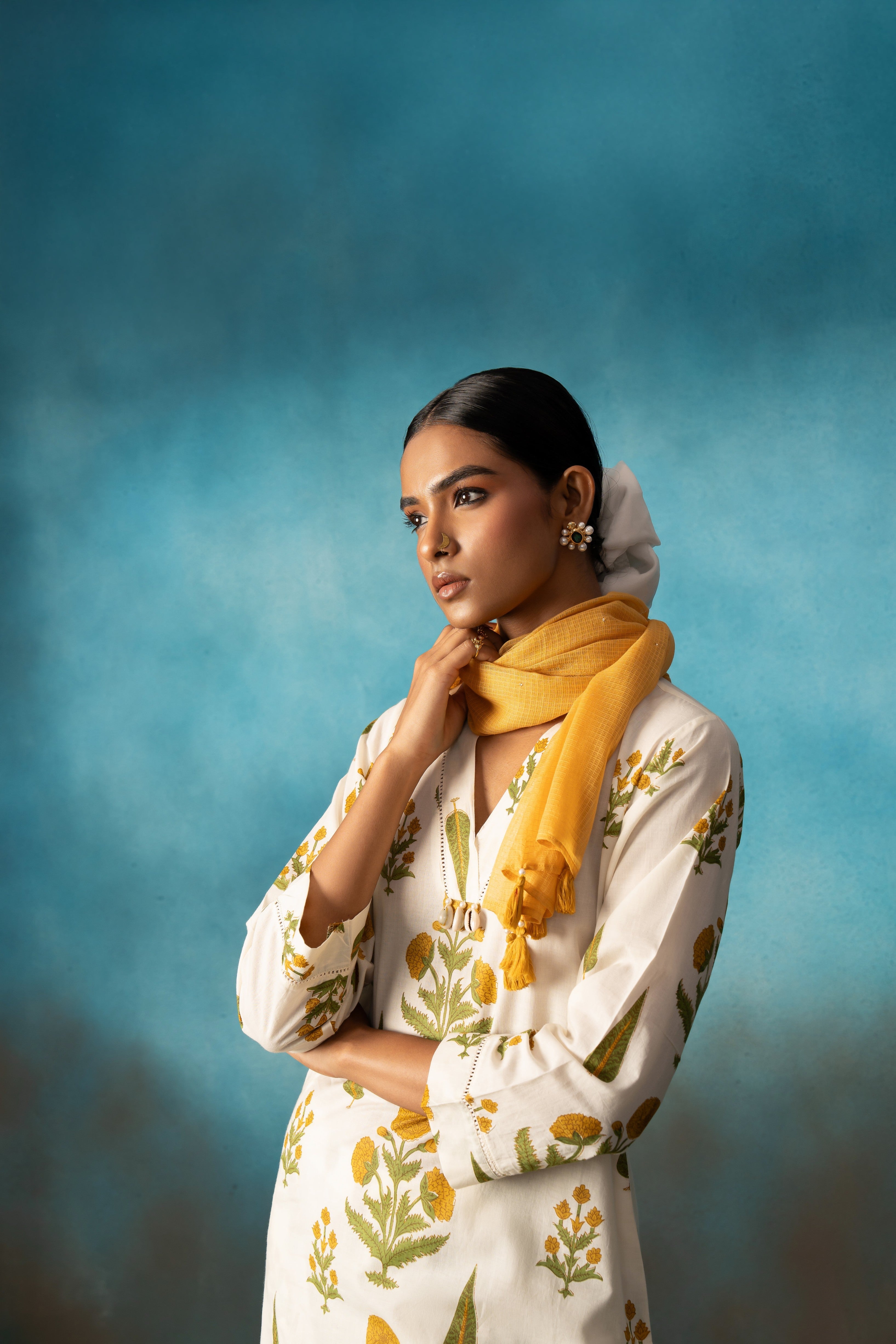 MUSTARD BLOCK PRINT SET WITH STOLE