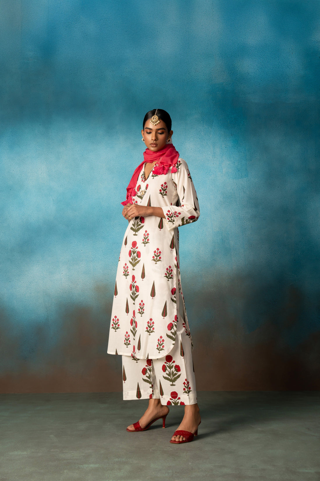PINK BLOCK PRINT SET WITH STOLE