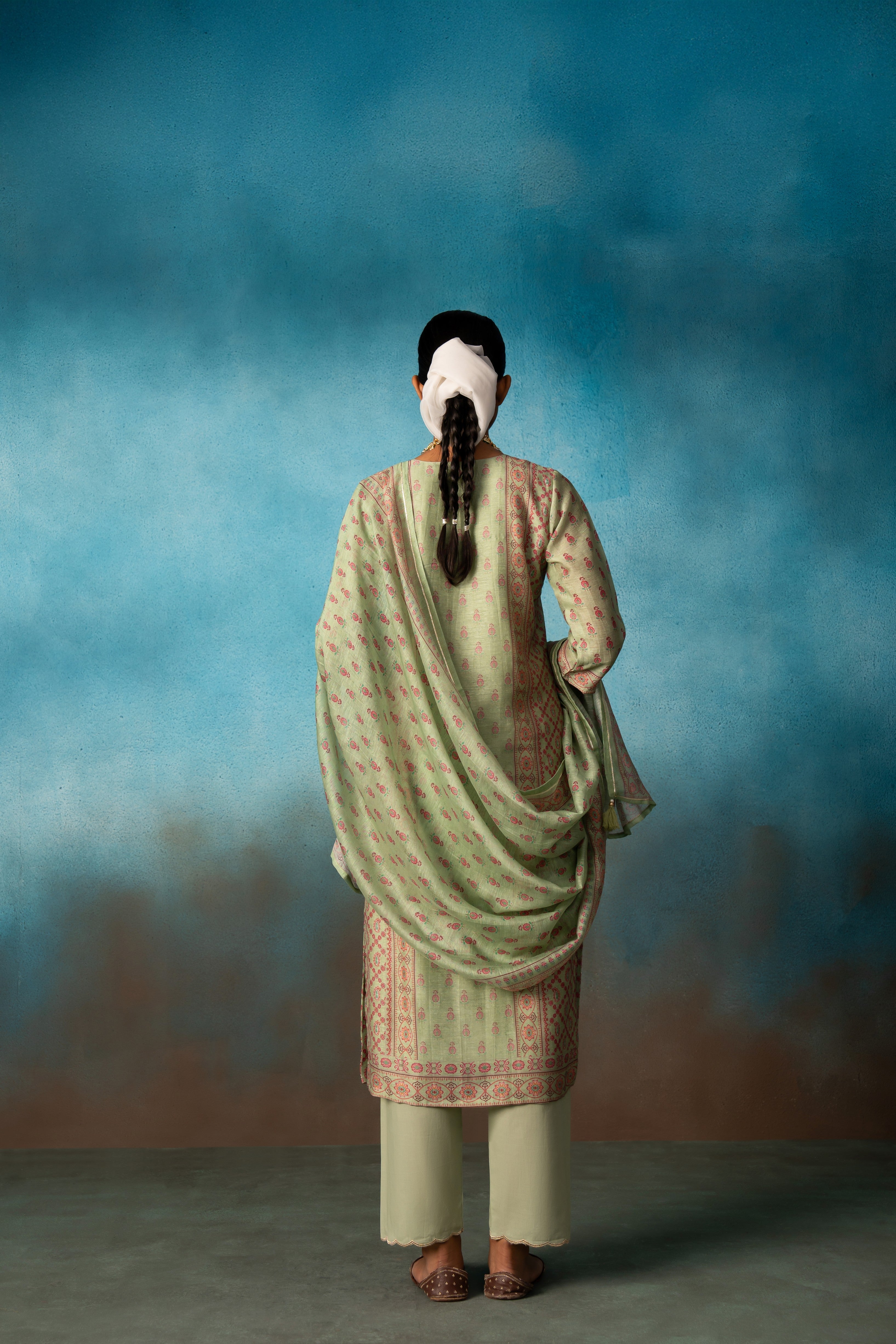 PISTA GREEN EMBROIDERED LINEN KURTA SET