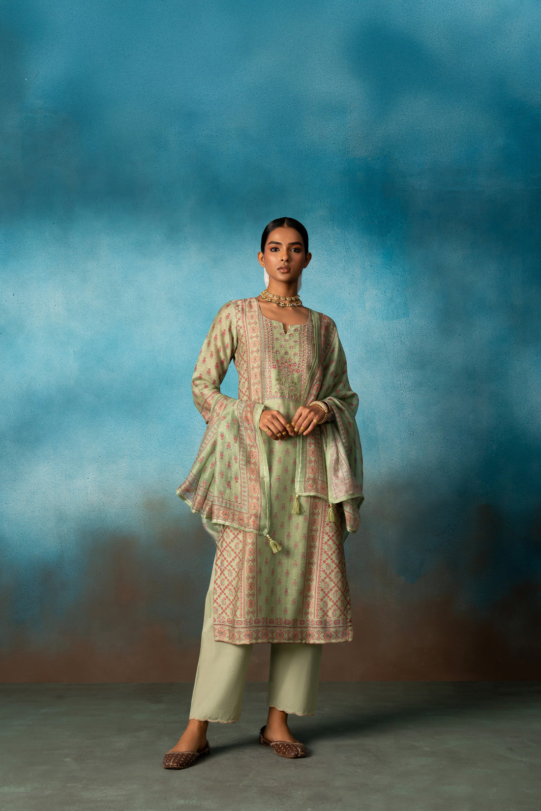 PISTA GREEN EMBROIDERED LINEN KURTA SET