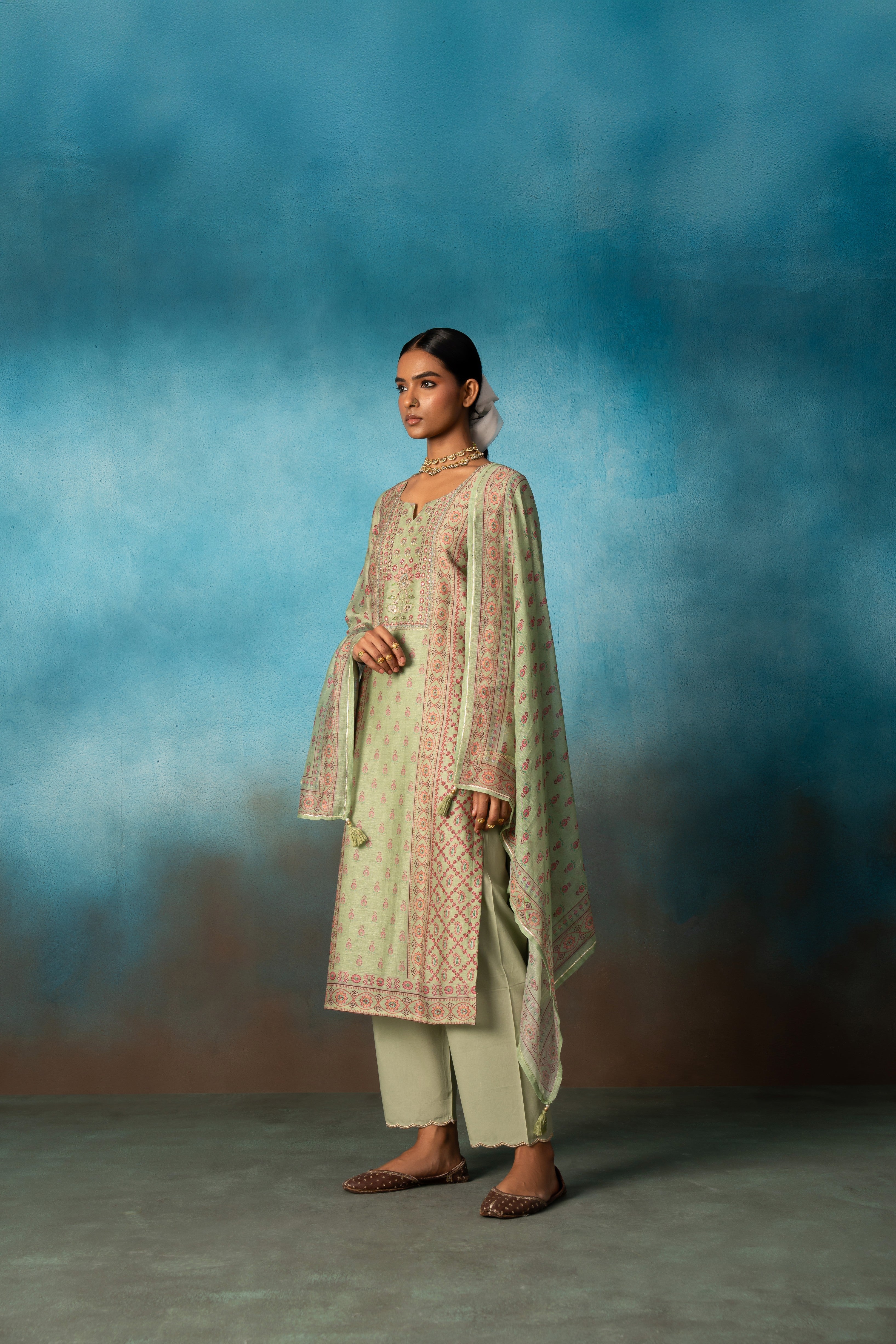 PISTA GREEN EMBROIDERED LINEN KURTA SET