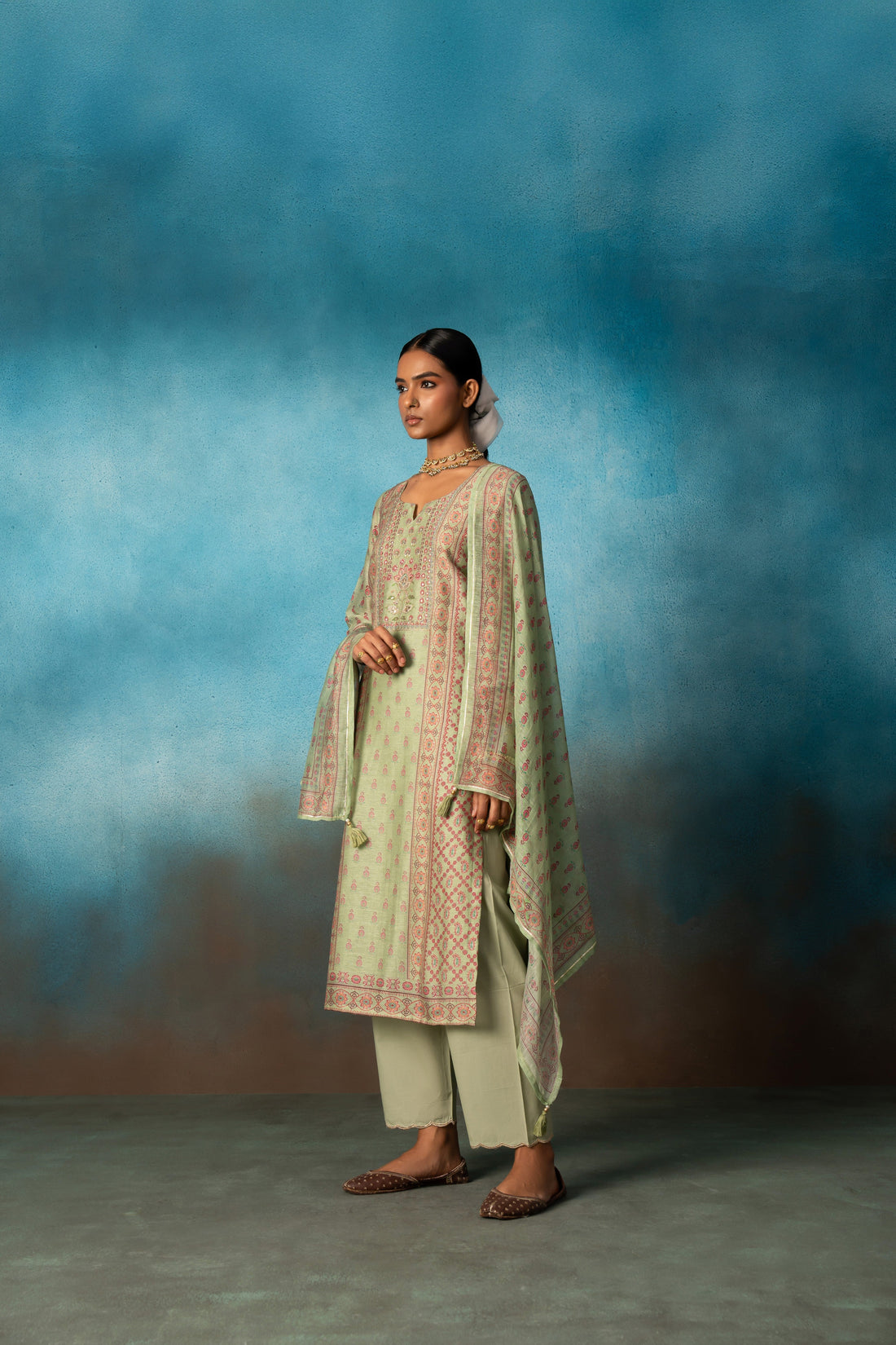 PISTA GREEN EMBROIDERED LINEN KURTA SET