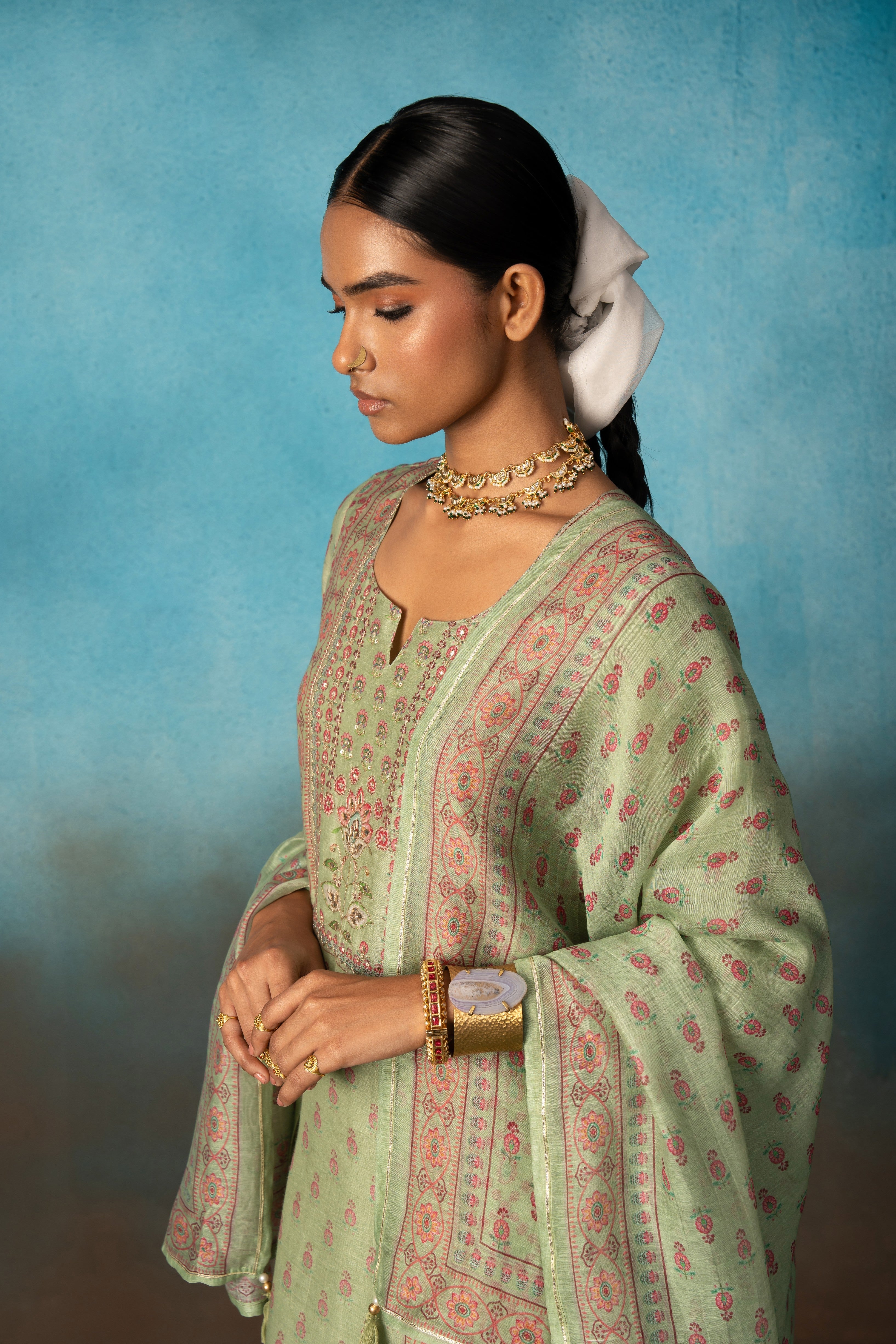 PISTA GREEN EMBROIDERED LINEN KURTA SET
