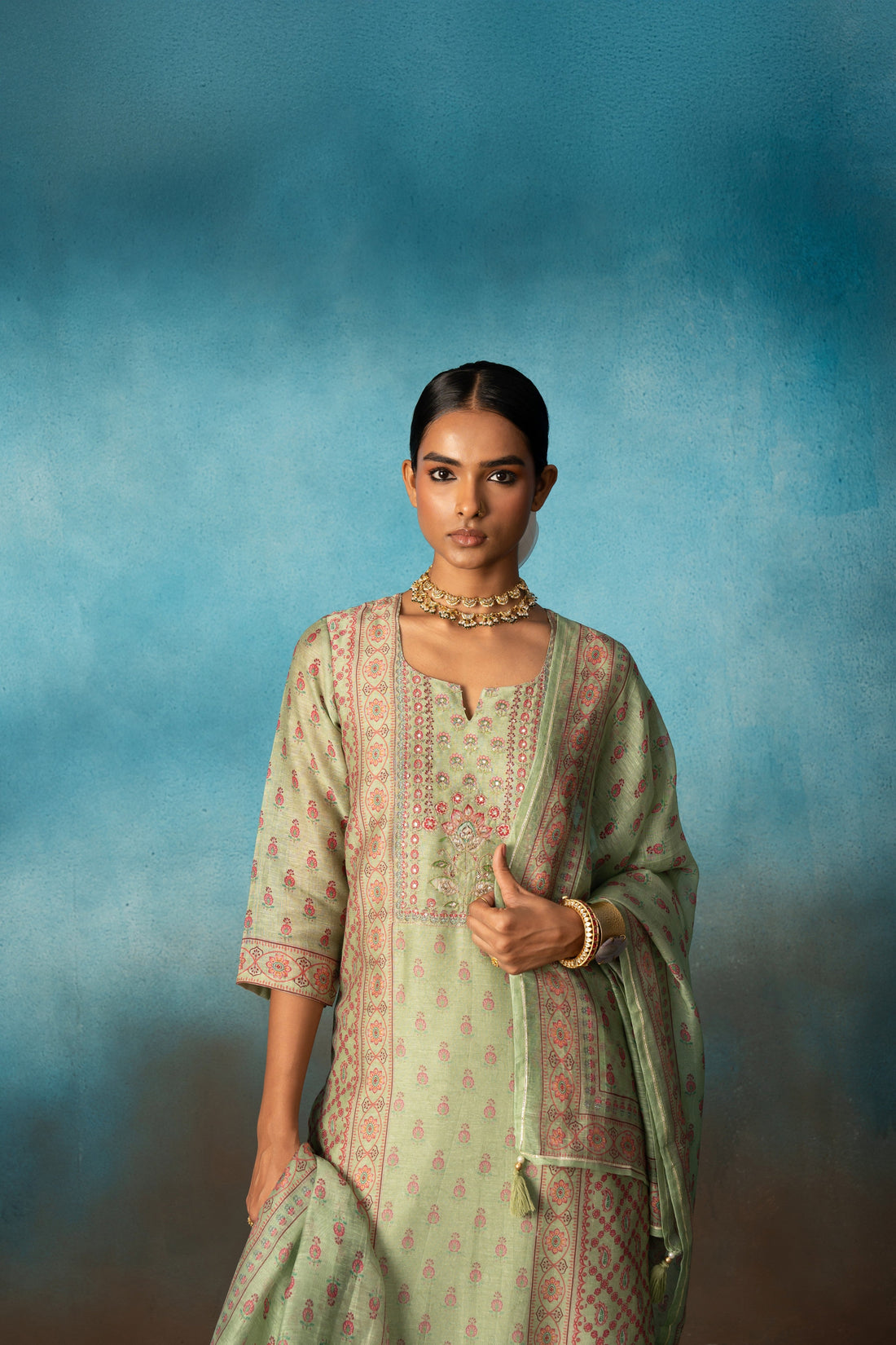 PISTA GREEN EMBROIDERED LINEN KURTA SET