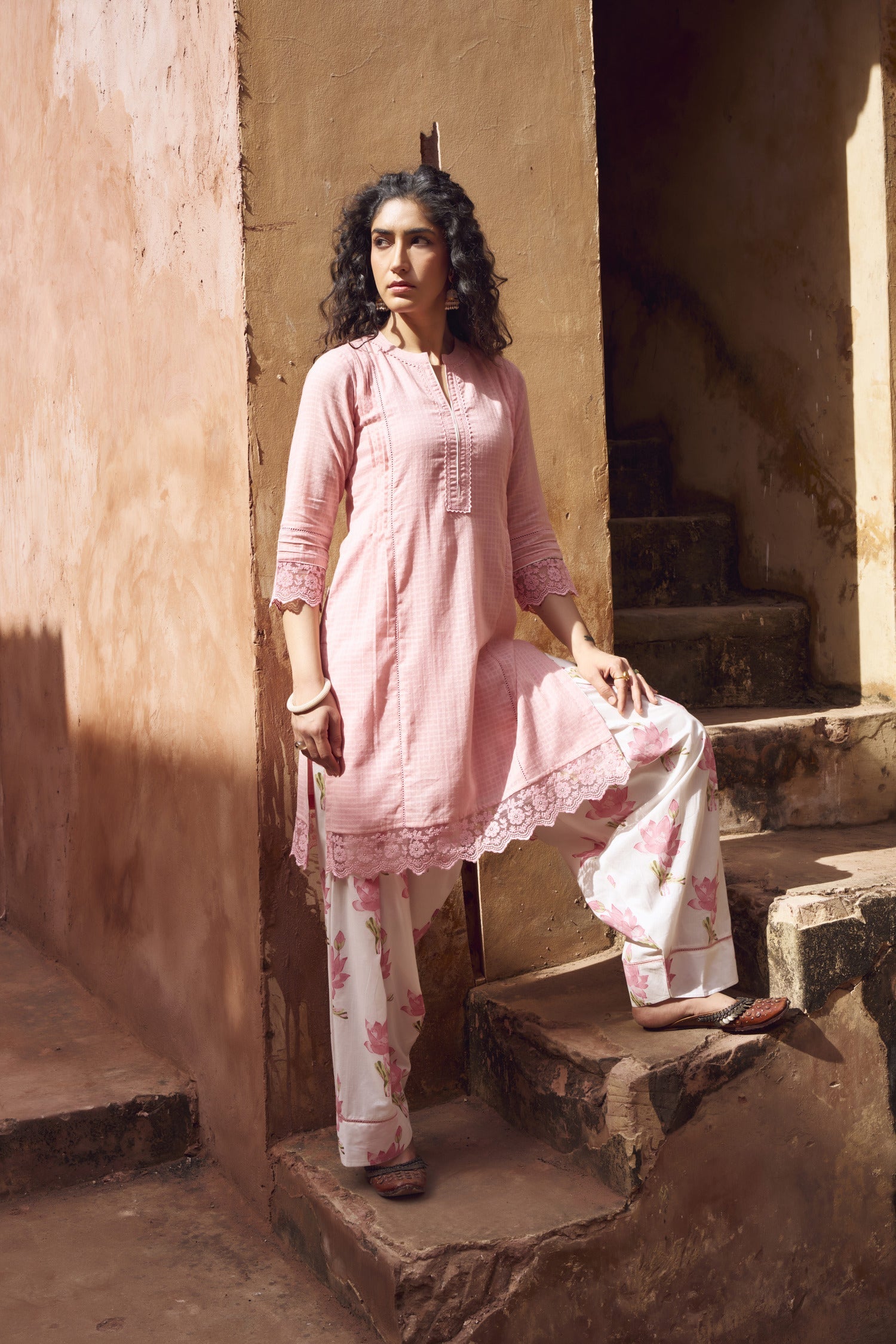 PINK CHECKS MULMUL KURTA WITH FARSI SALWAR