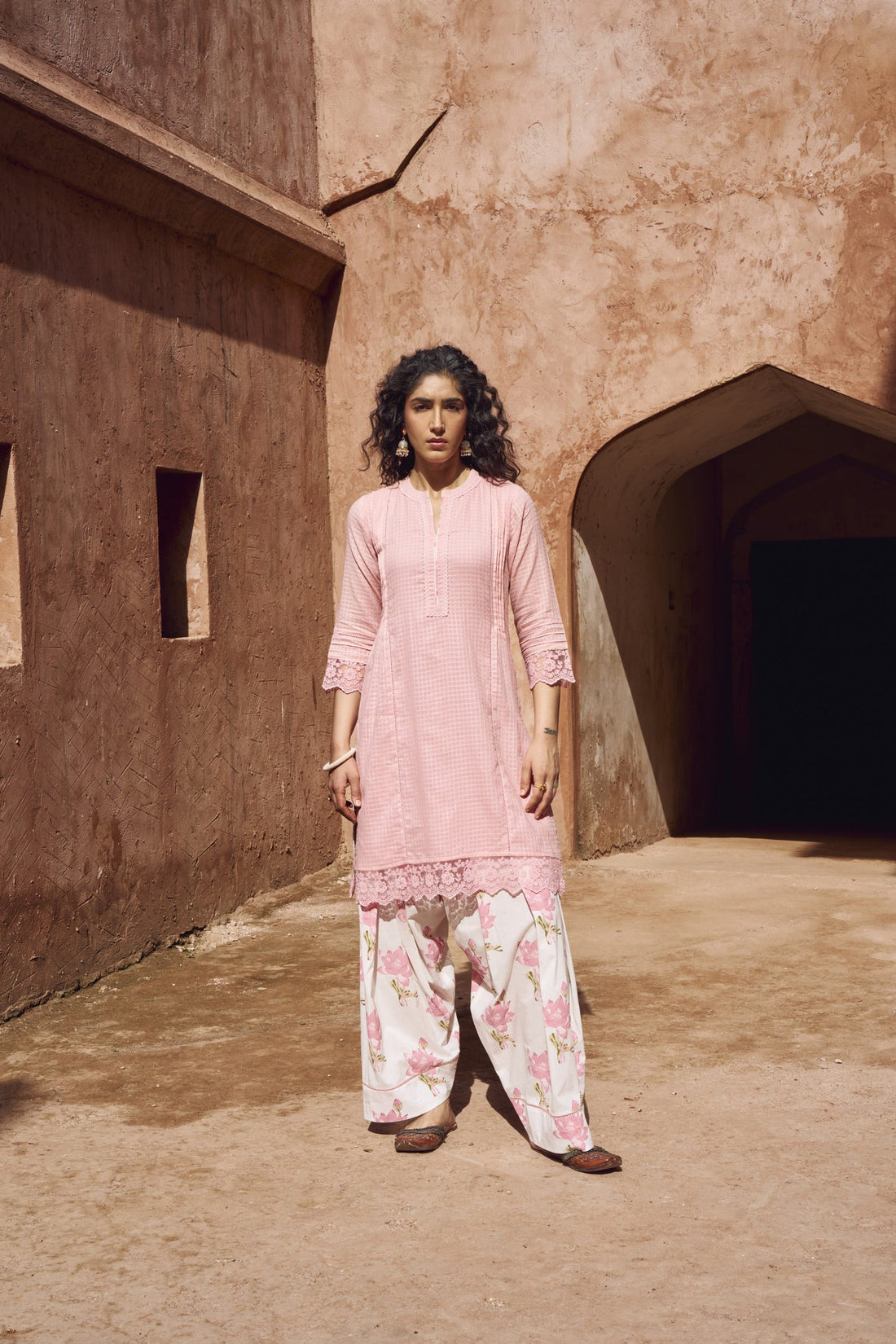 PINK CHECKS MULMUL KURTA WITH FARSI SALWAR