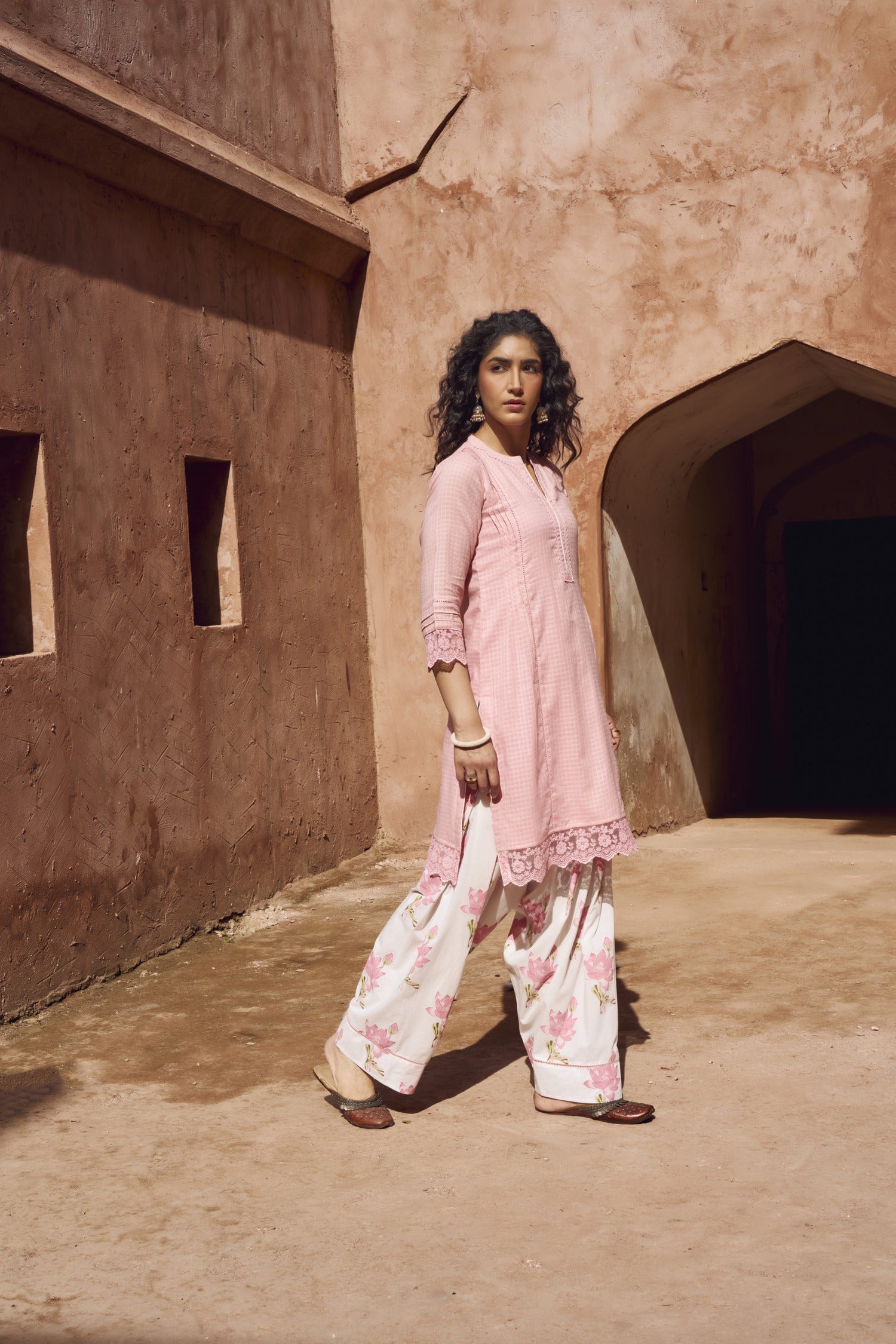 PINK CHECKS MULMUL KURTA WITH FARSI SALWAR