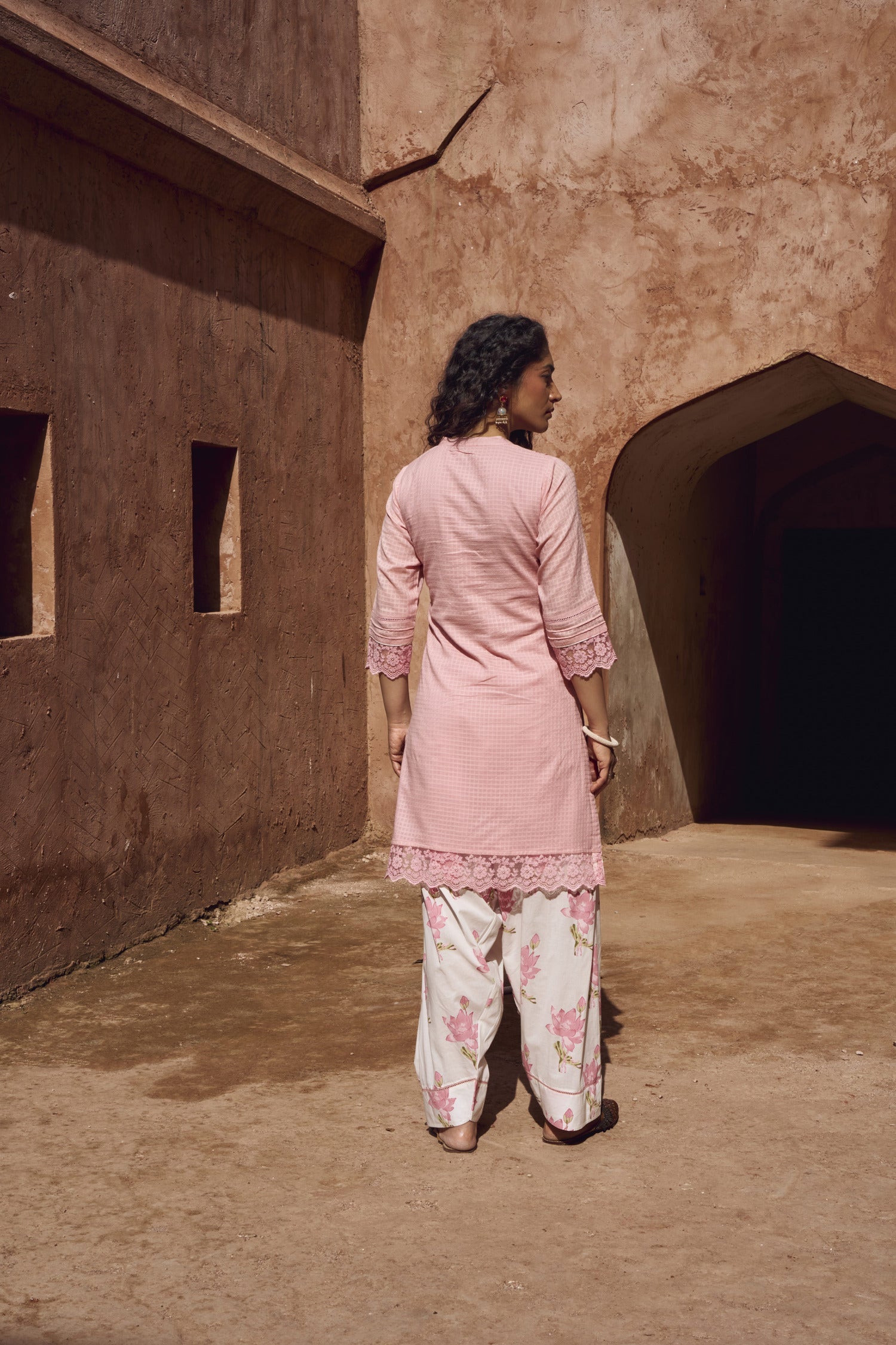 PINK CHECKS MULMUL KURTA WITH FARSI SALWAR