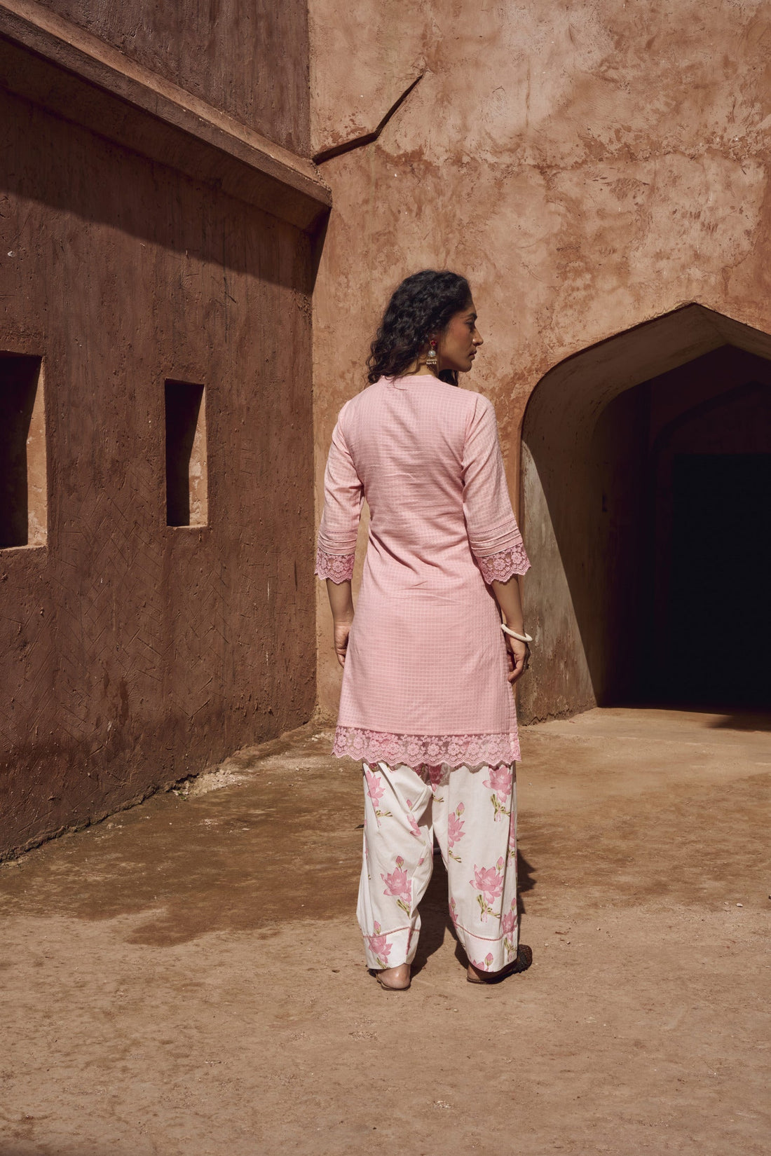 PINK CHECKS MULMUL KURTA WITH FARSI SALWAR