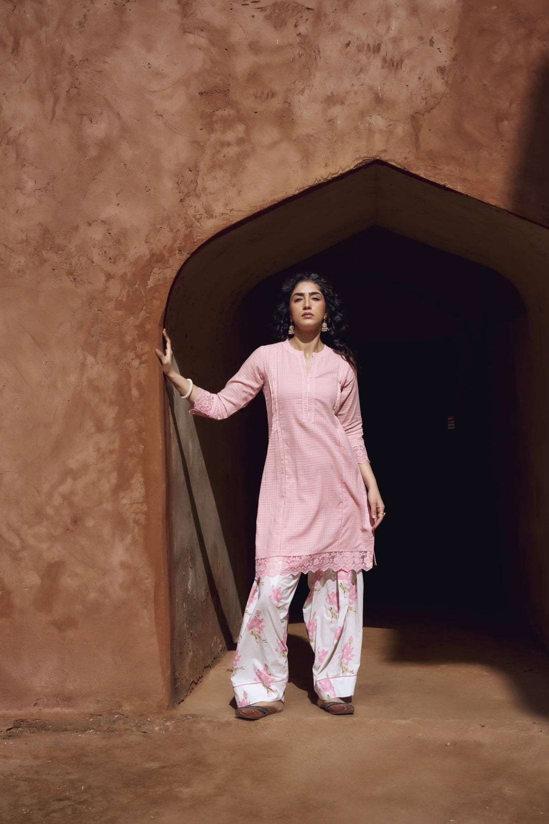 PINK CHECKS MULMUL KURTA WITH FARSI SALWAR