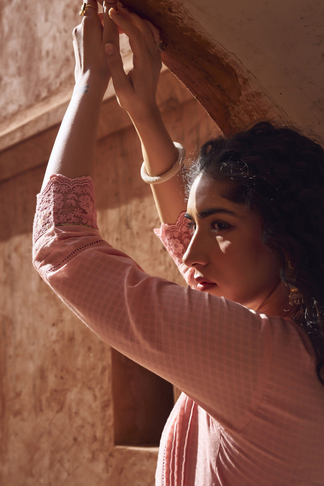 PINK CHECKS MULMUL KURTA WITH FARSI SALWAR
