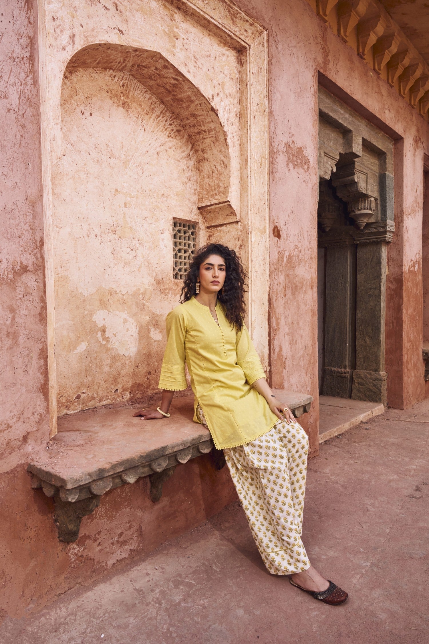YELLOW DOBBY MULMUL KURTA WITH FARSI SALWAR
