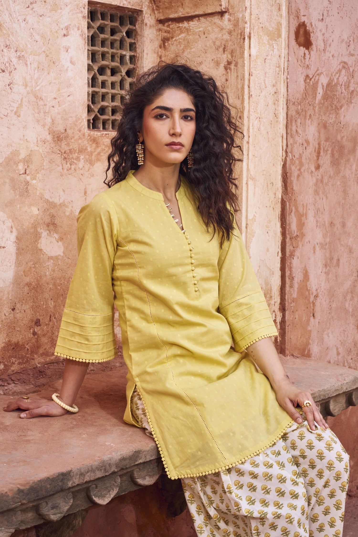 YELLOW DOBBY MULMUL KURTA WITH FARSI SALWAR