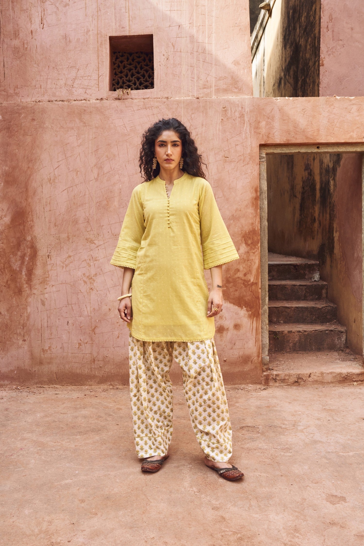 YELLOW DOBBY MULMUL KURTA WITH FARSI SALWAR