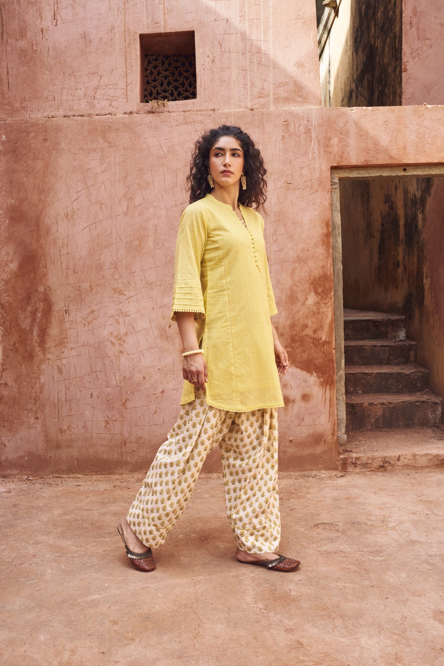YELLOW DOBBY MULMUL KURTA WITH FARSI SALWAR