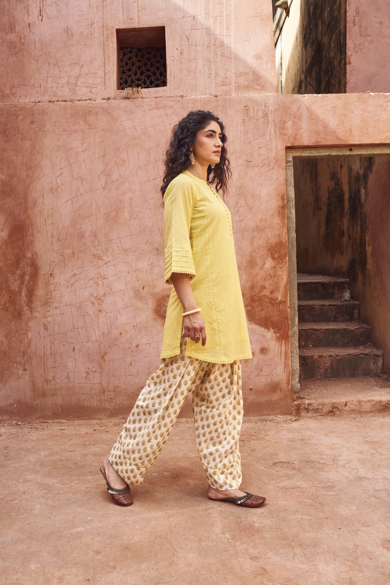YELLOW DOBBY MULMUL KURTA WITH FARSI SALWAR