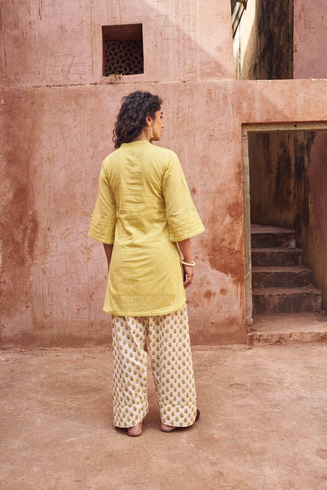 YELLOW DOBBY MULMUL KURTA WITH FARSI SALWAR