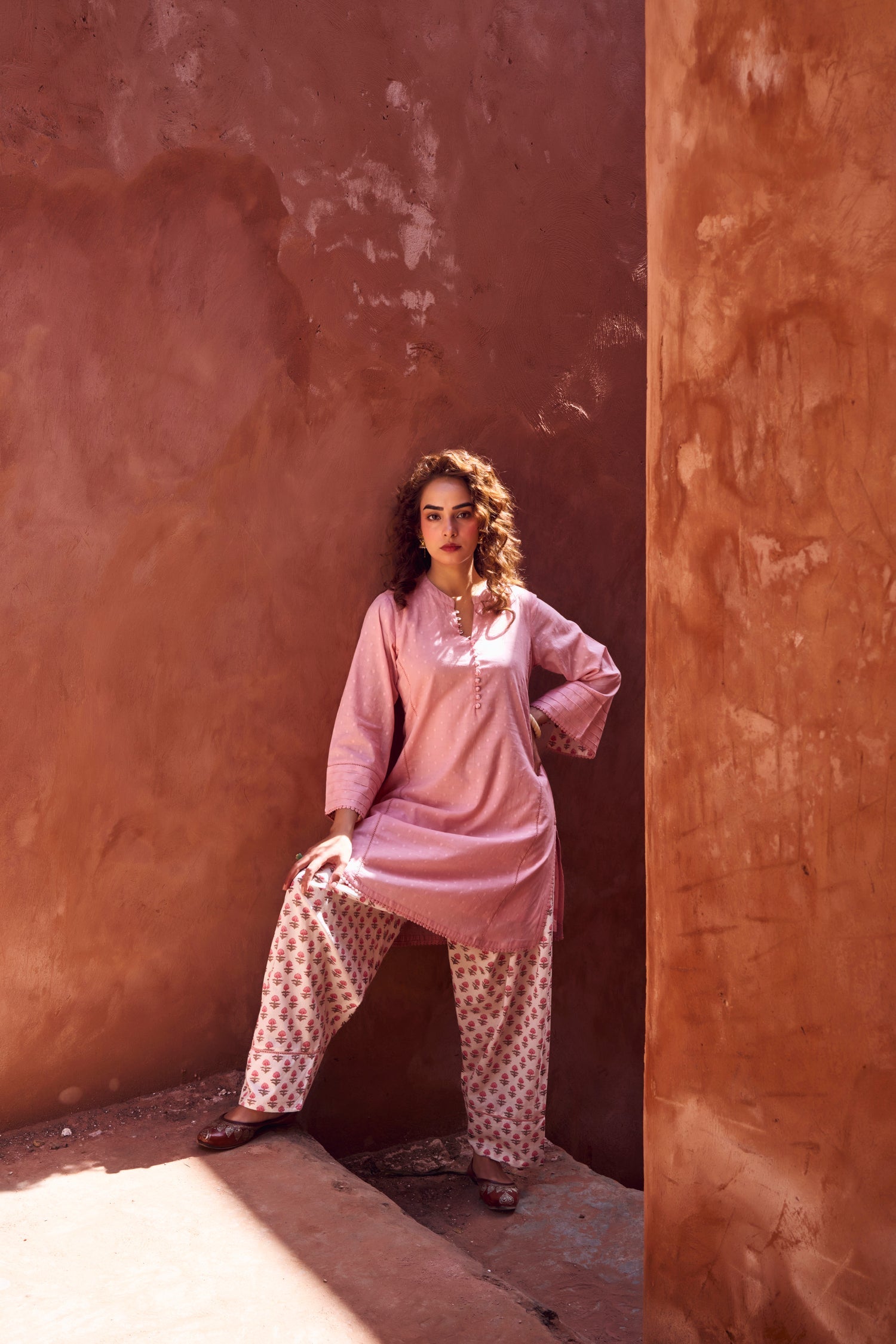 PINK DOBBY MULMUL KURTA WITH FARSI SALWAR