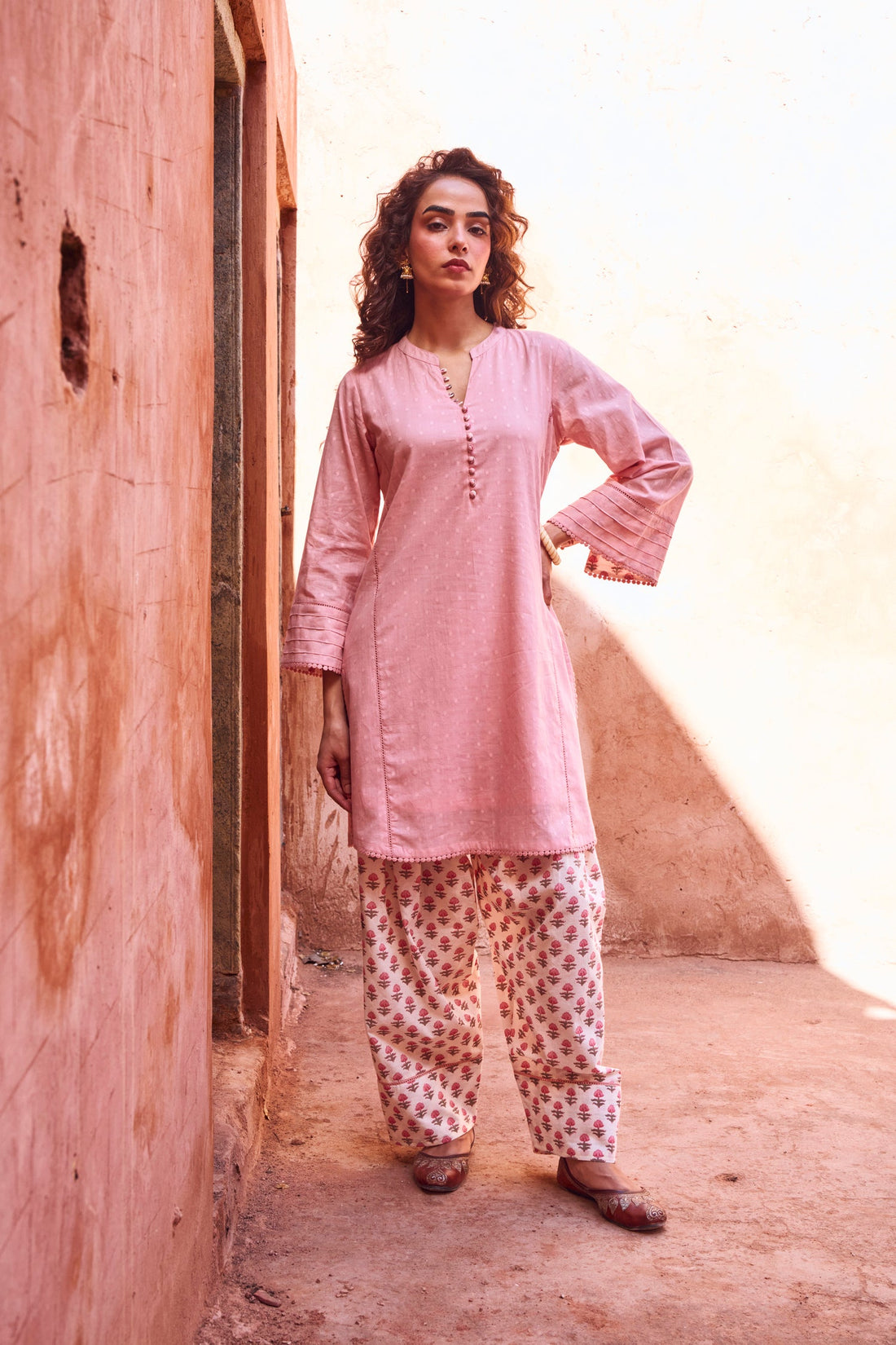 PINK DOBBY MULMUL KURTA WITH FARSI SALWAR